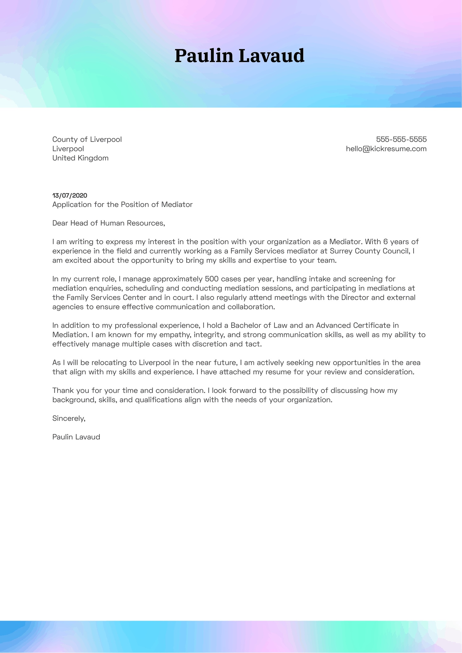 Mediator Cover Letter Example