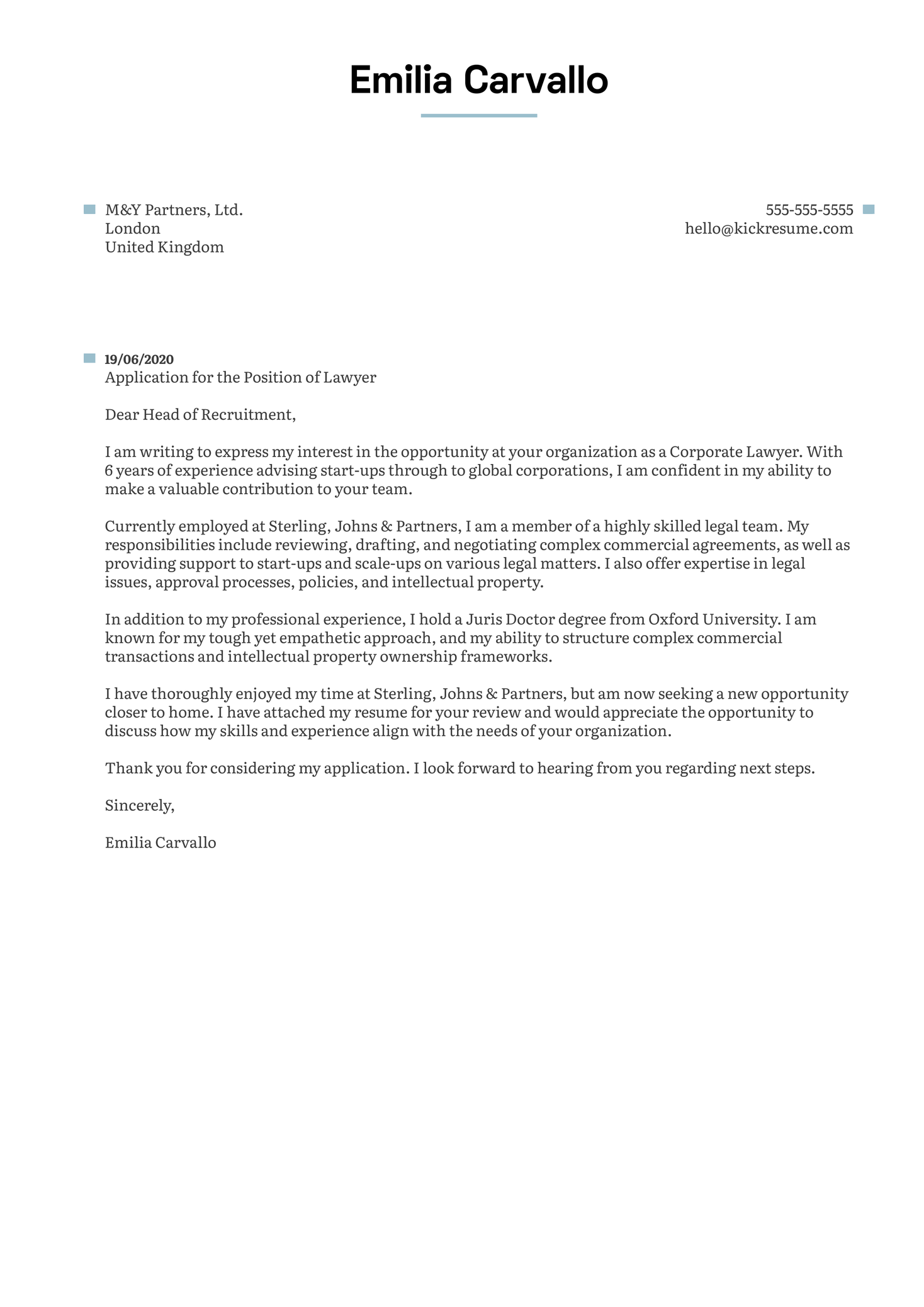 Lawyer Cover Letter Sample