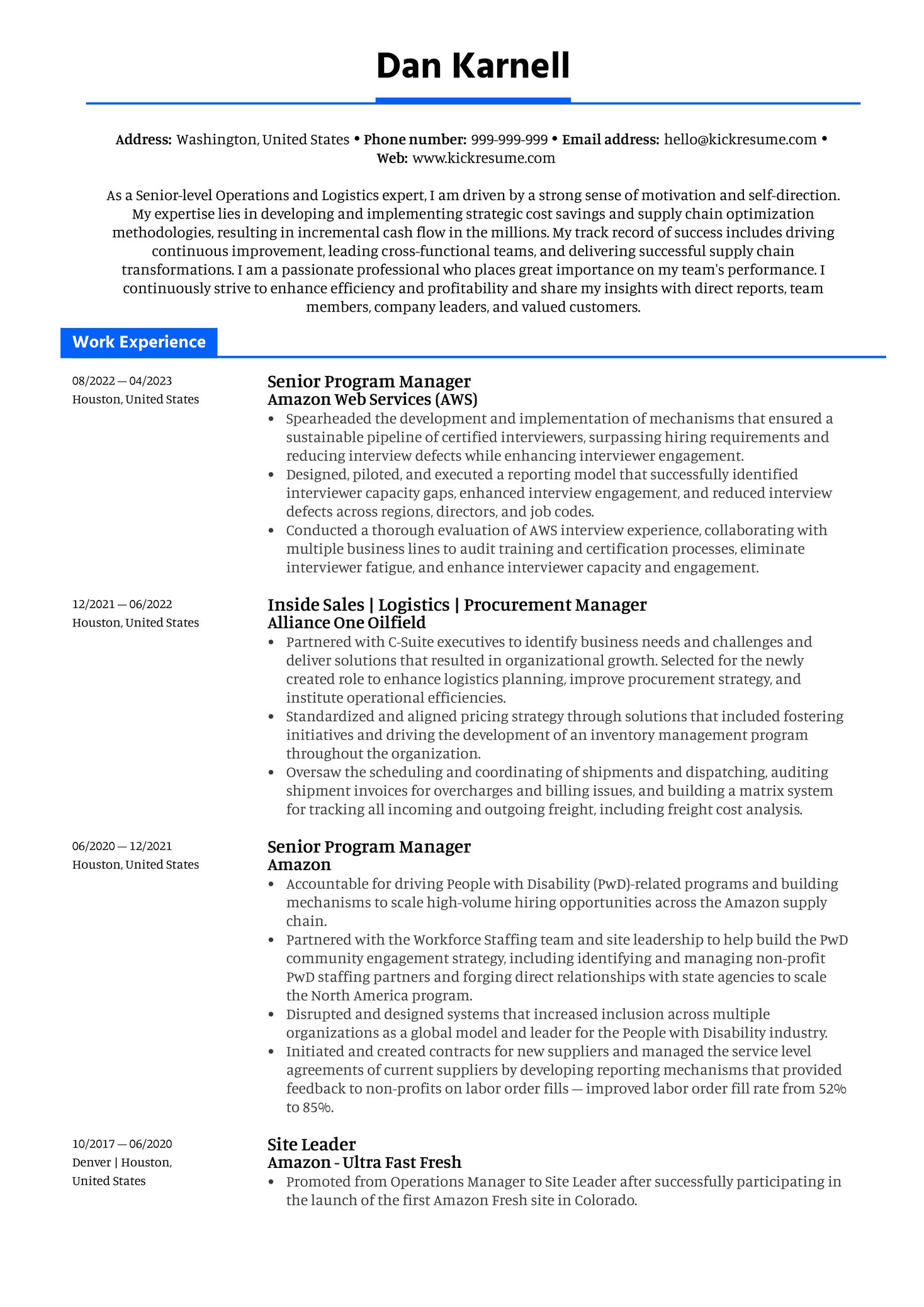 Senior Program Manager at Amazon Web Services Resume Sample