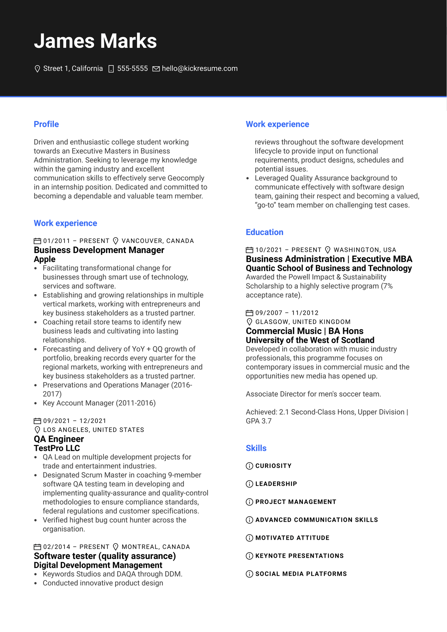 Business Development Manager at Apple Resume Sample