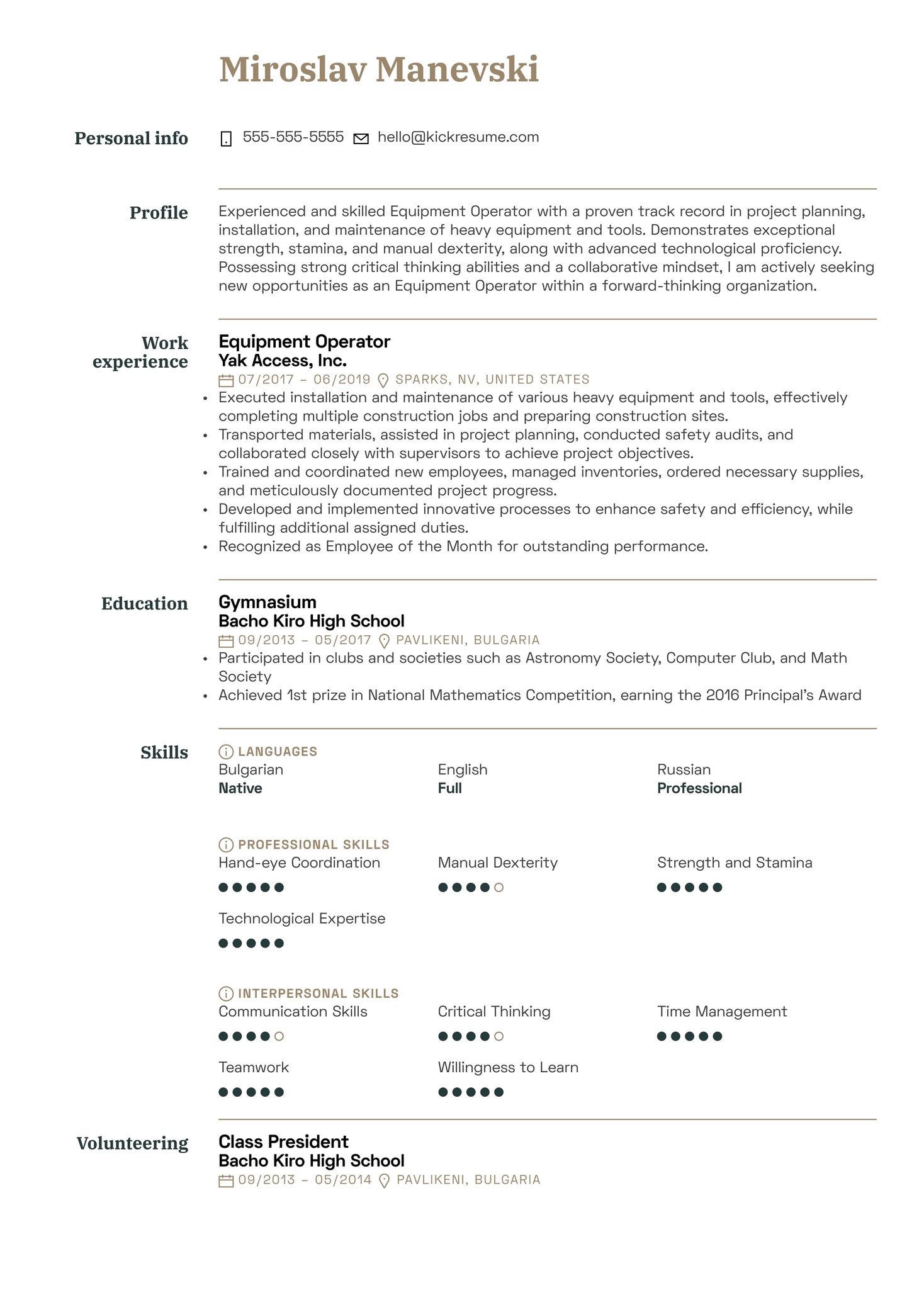 Equipment Operator Resume Example