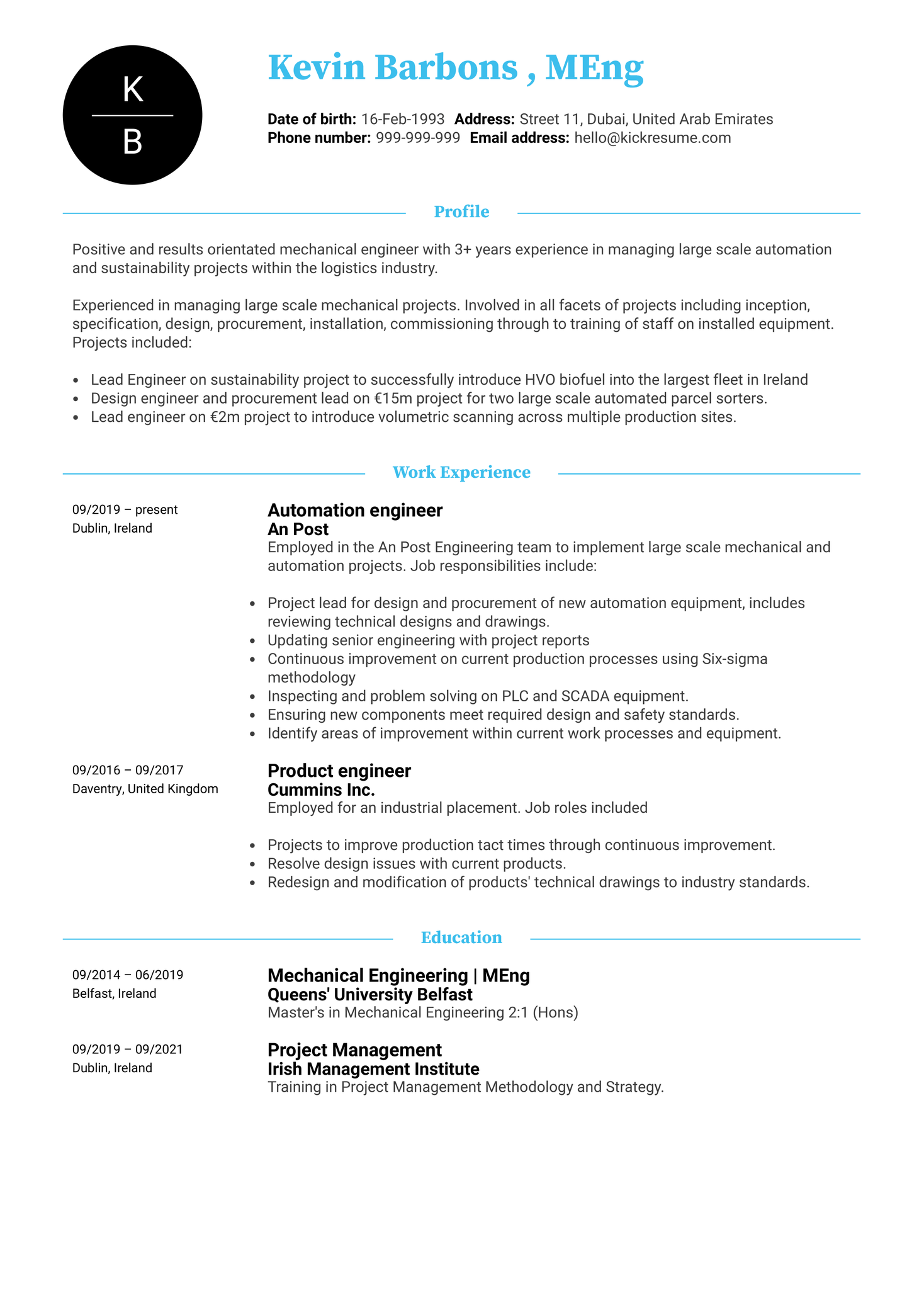 Engineer at R&H Hall Resume Sample