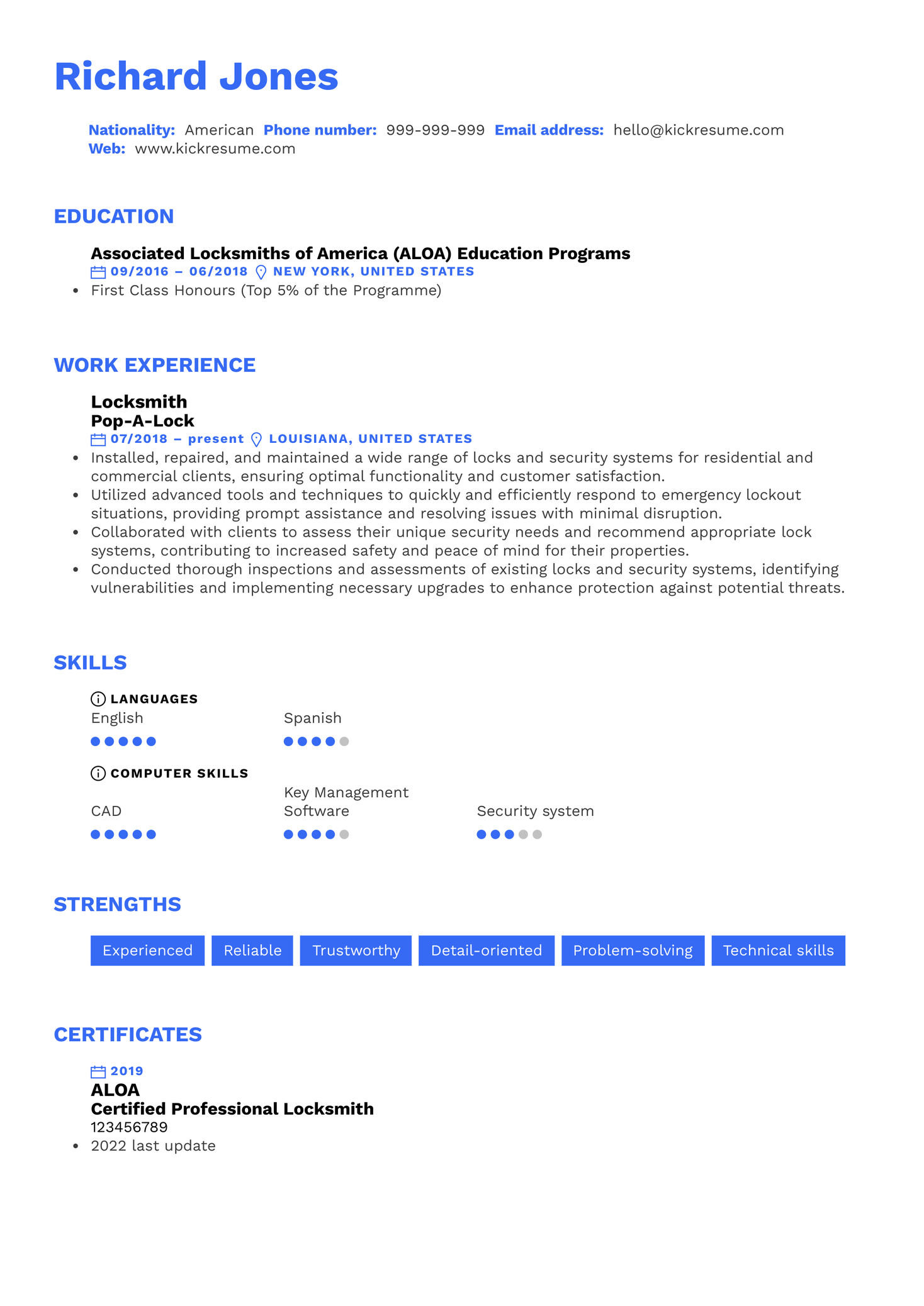 Locksmith Resume Sample