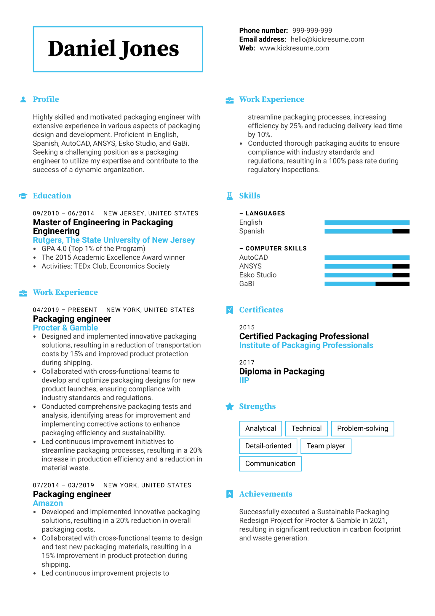 Packaging engineer Resume Sample