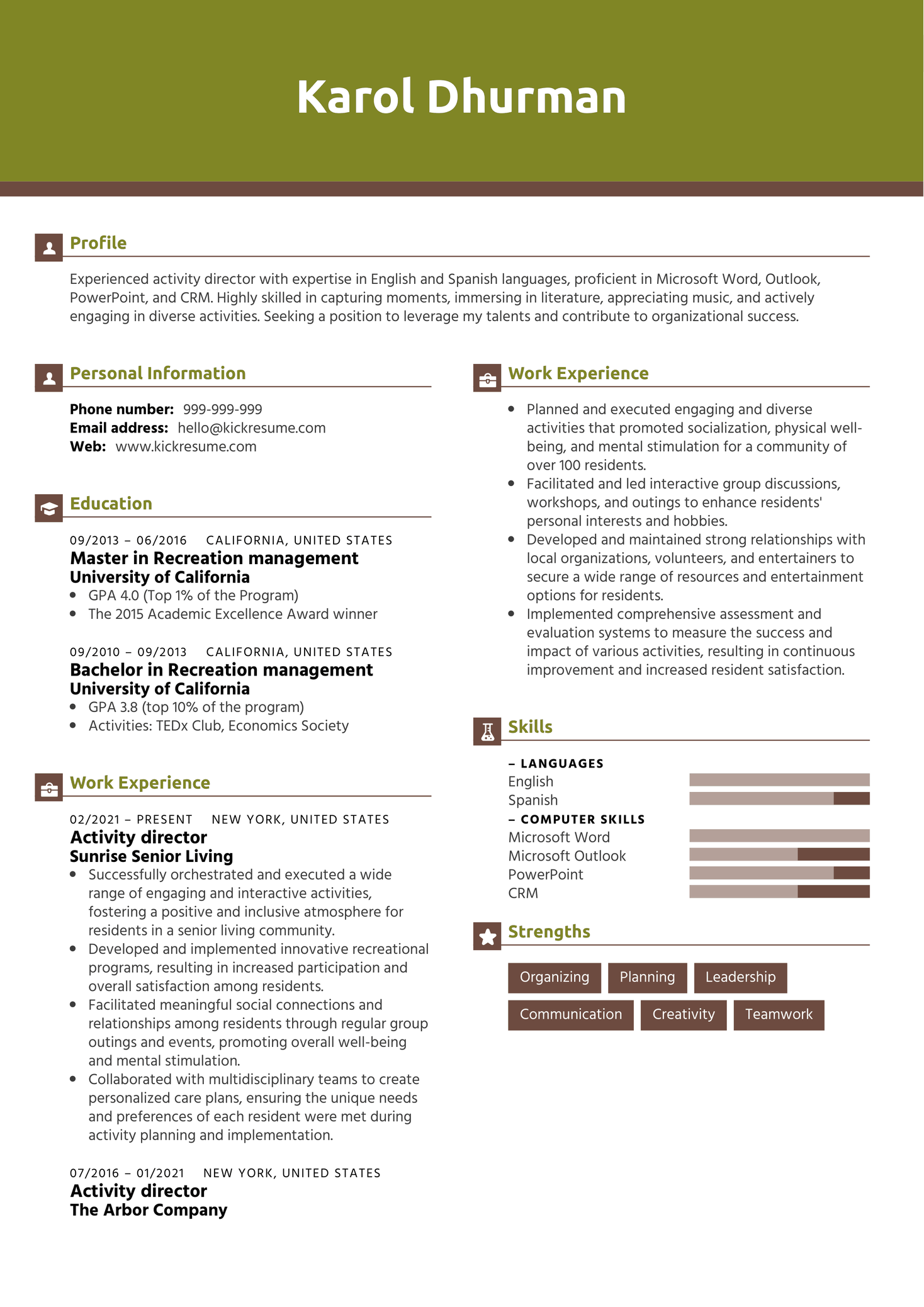 Activity Director Resume Sample