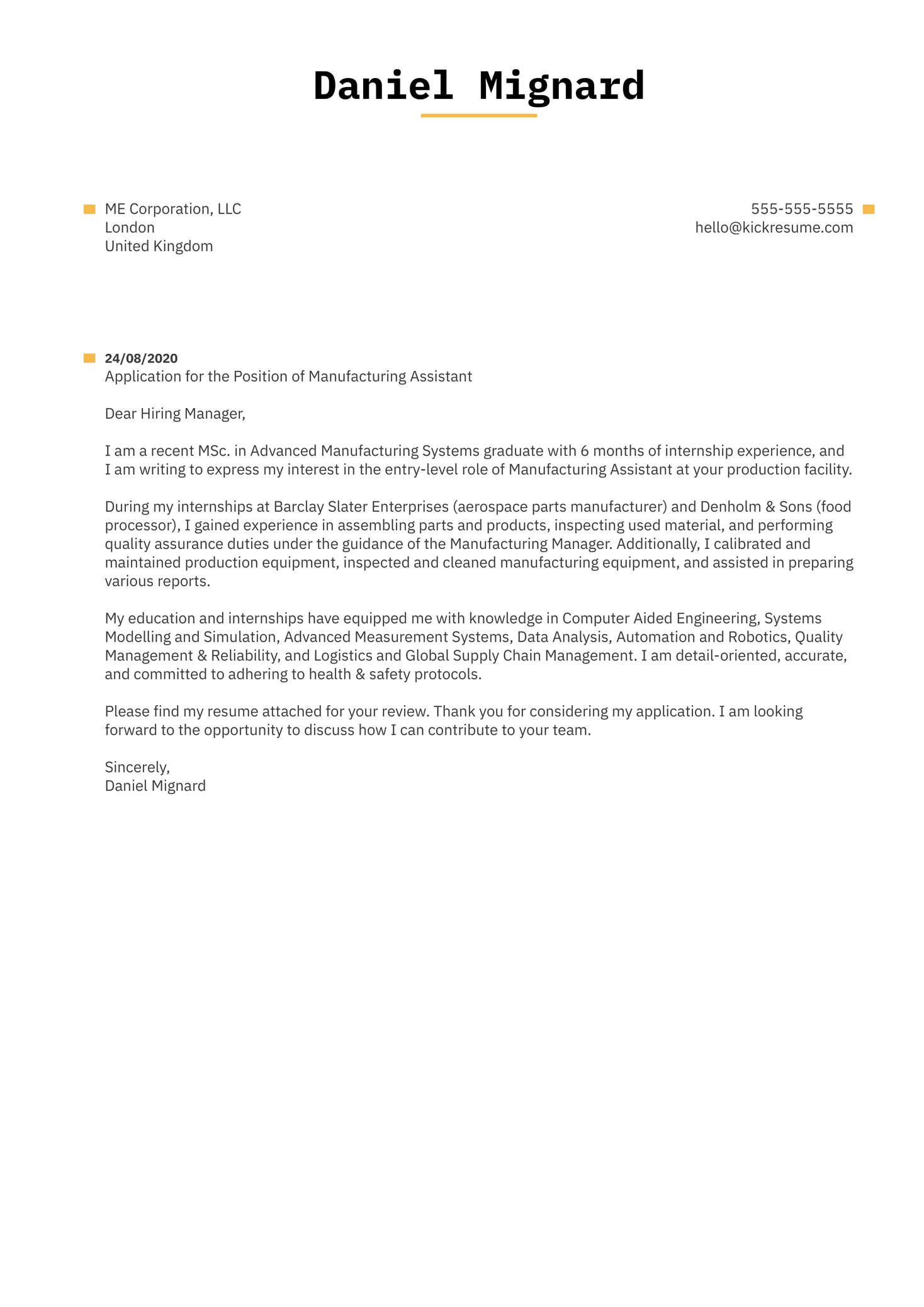 Manufacturing Assistant Cover Letter Example