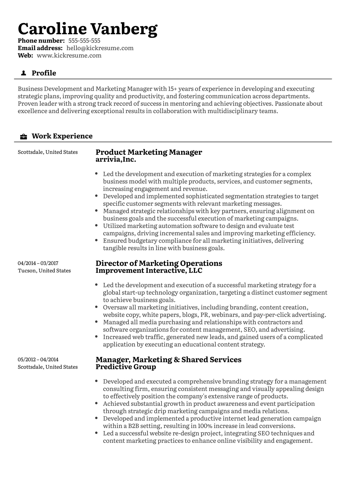 Marketing Director at Arrivia, Inc. Resume Sample