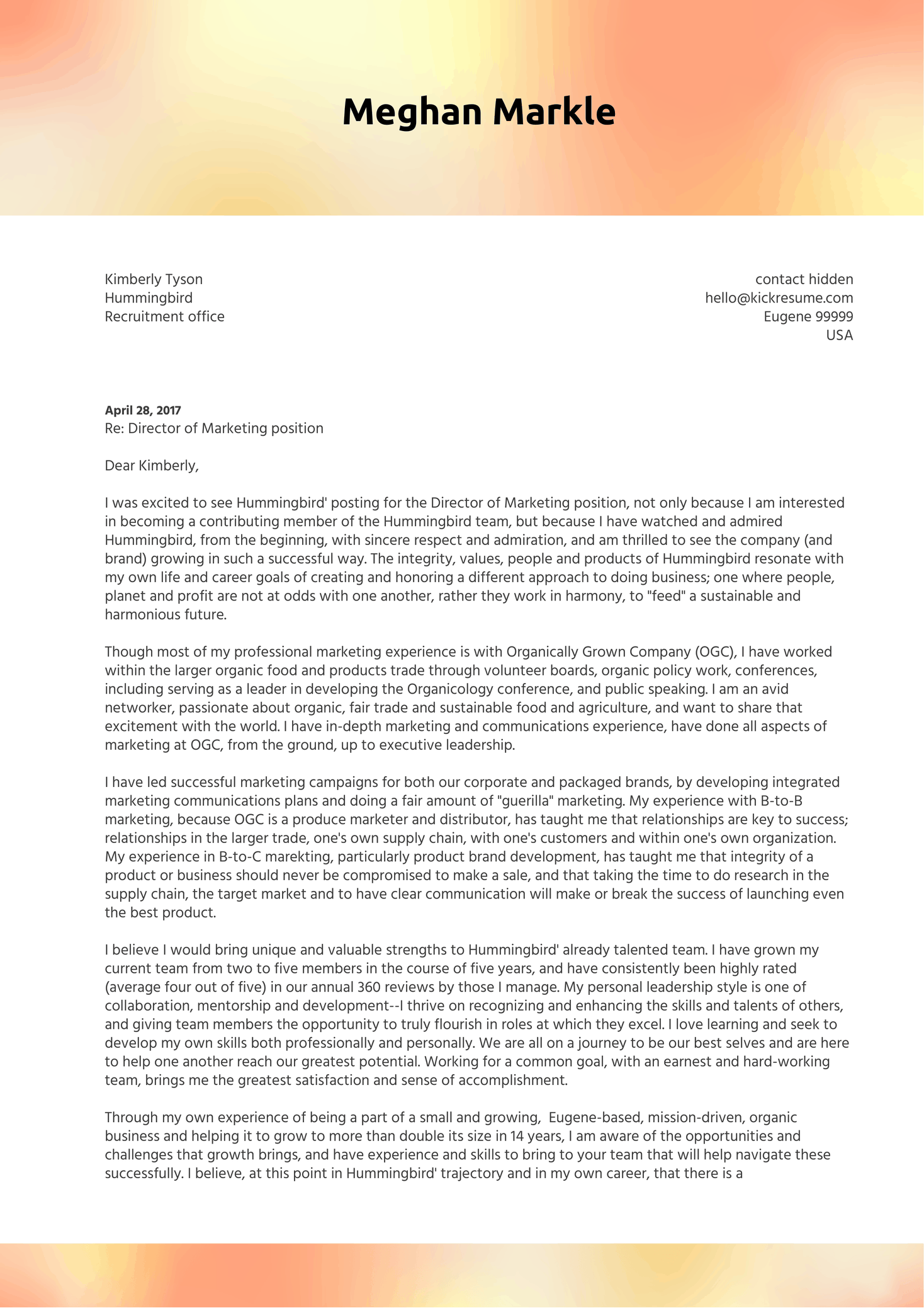 Marketing Director Cover Letter Sample