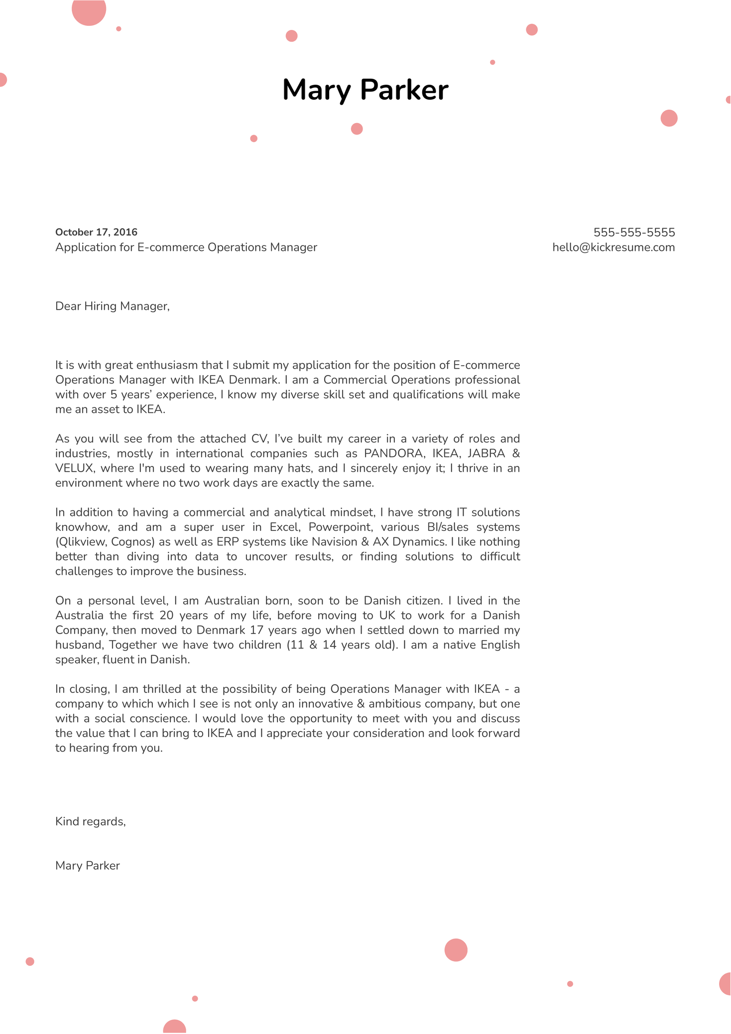 IKEA E-commerce Operations Manager Cover Letter Example