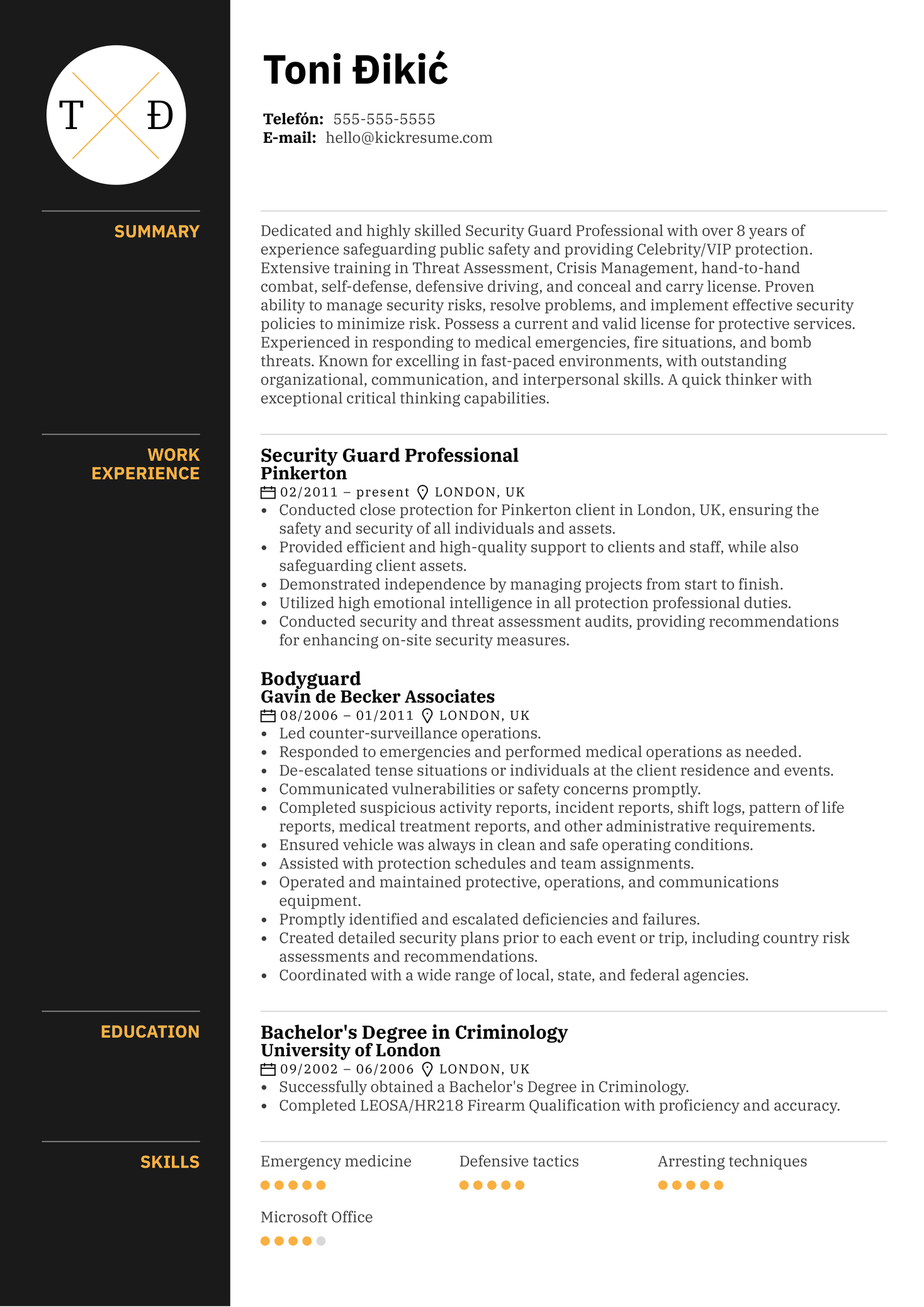 Security Guard Professional Resume Sample