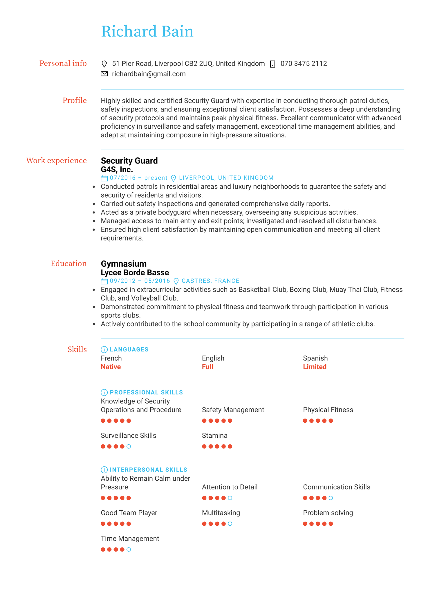 Security Guard Resume Example