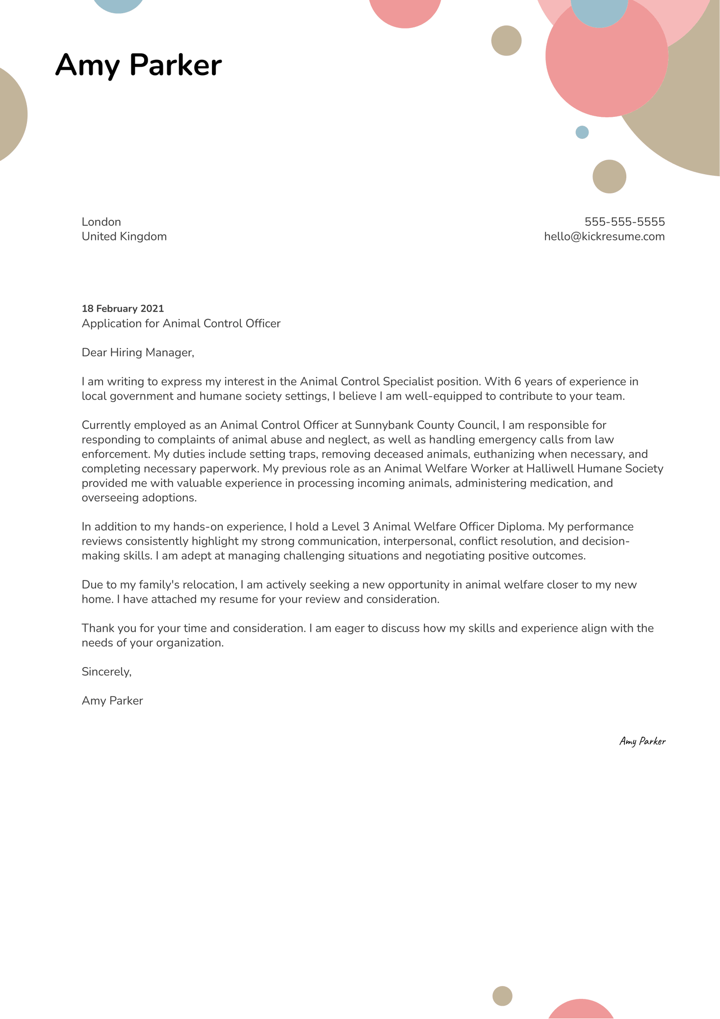 Animal Control Officer Cover Letter Template