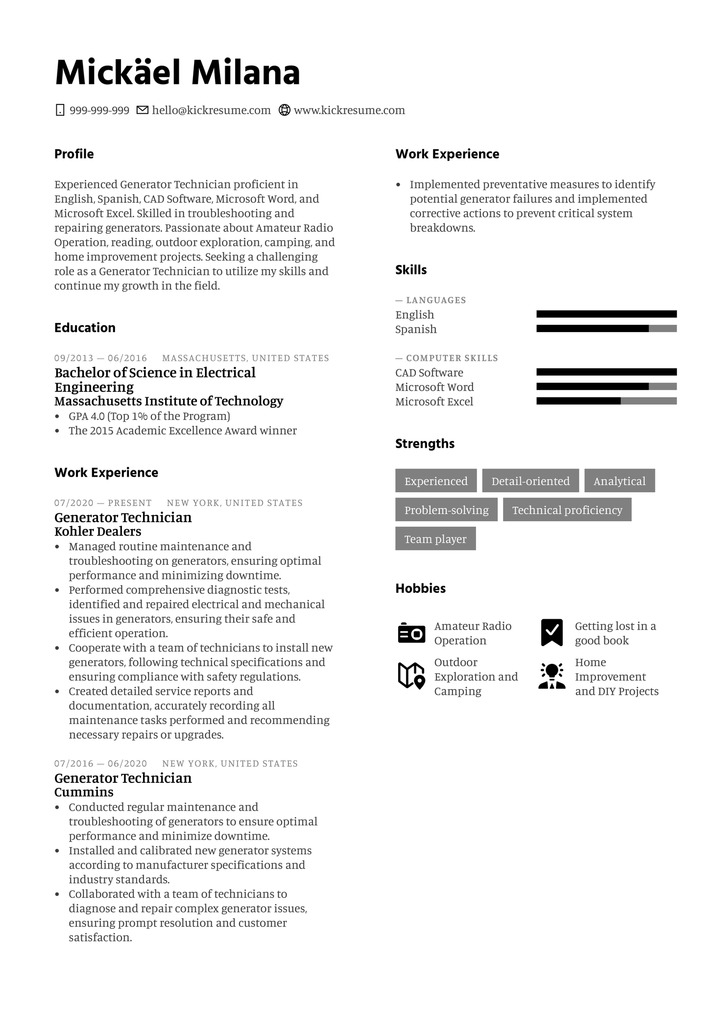 Generator Technician Resume Sample