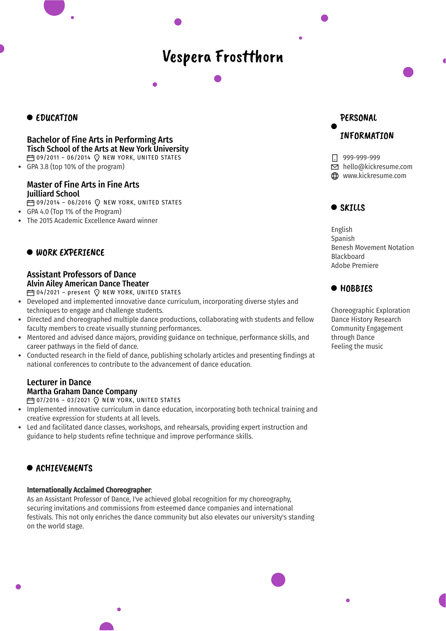 Assistant Professors of Dance Resume Sample