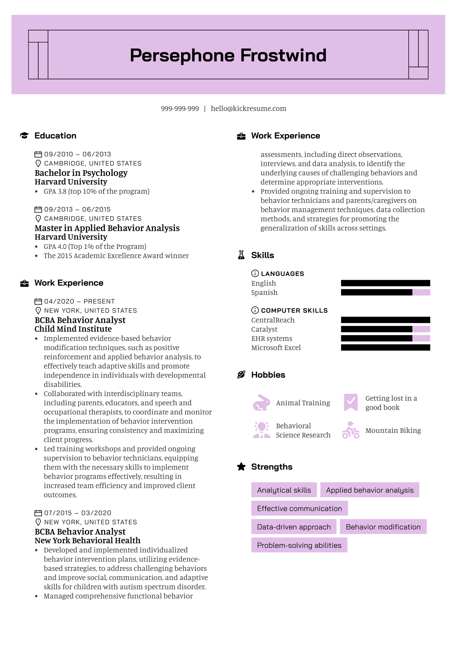 BCBA Behavior Analyst Resume Sample