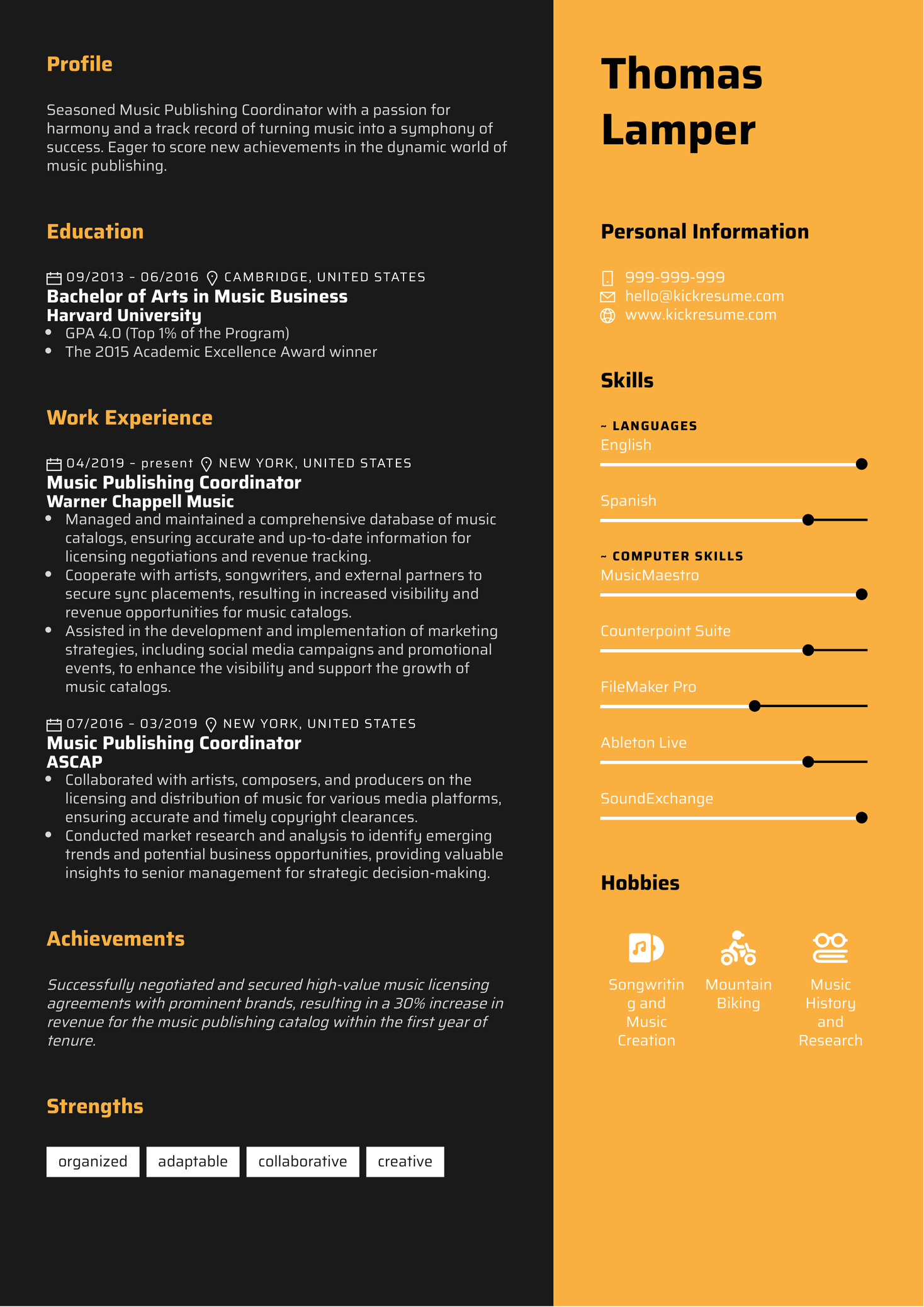 Music Publishing Coordinator Resume Sample