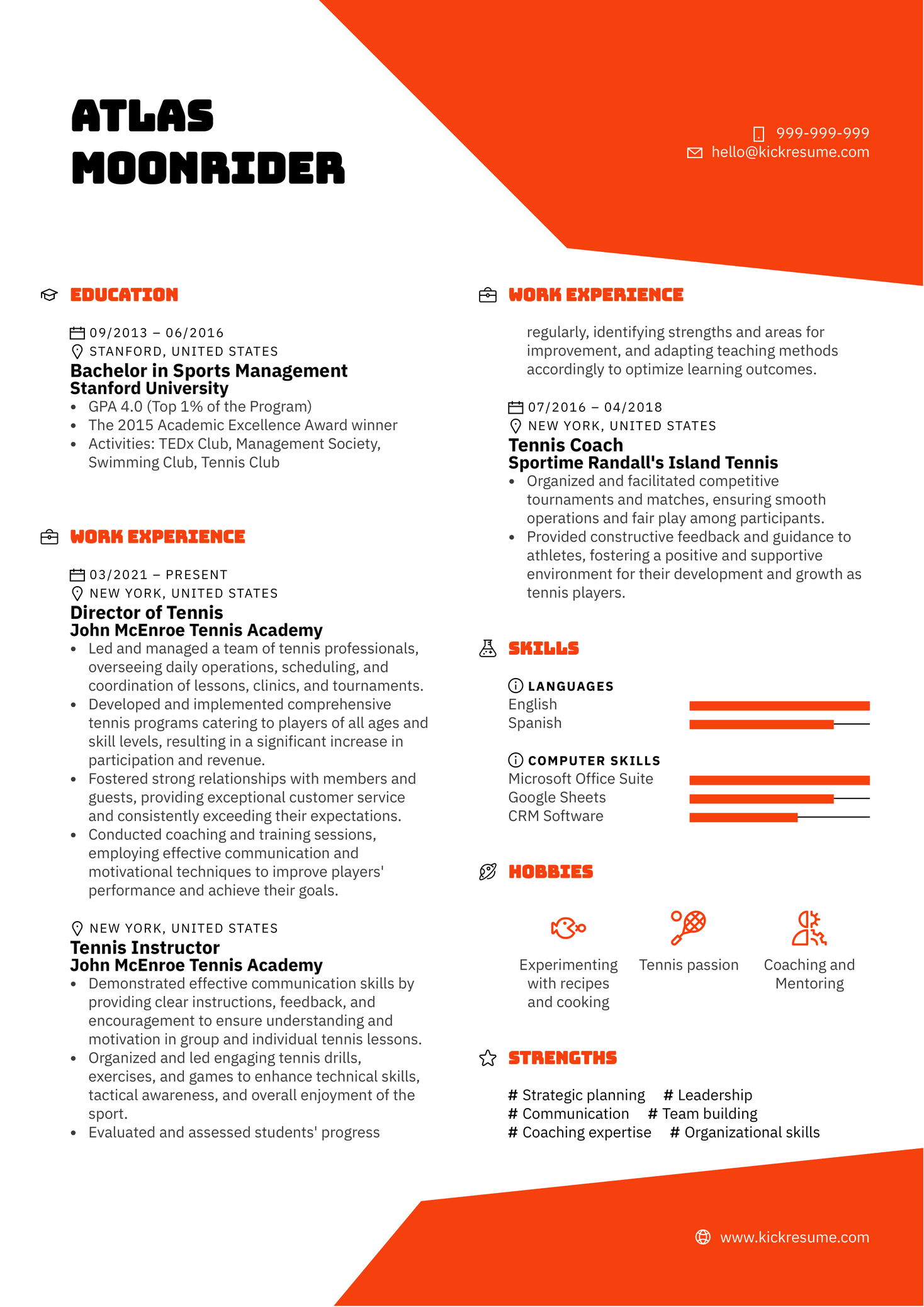 Director of Tennis Resume Sample