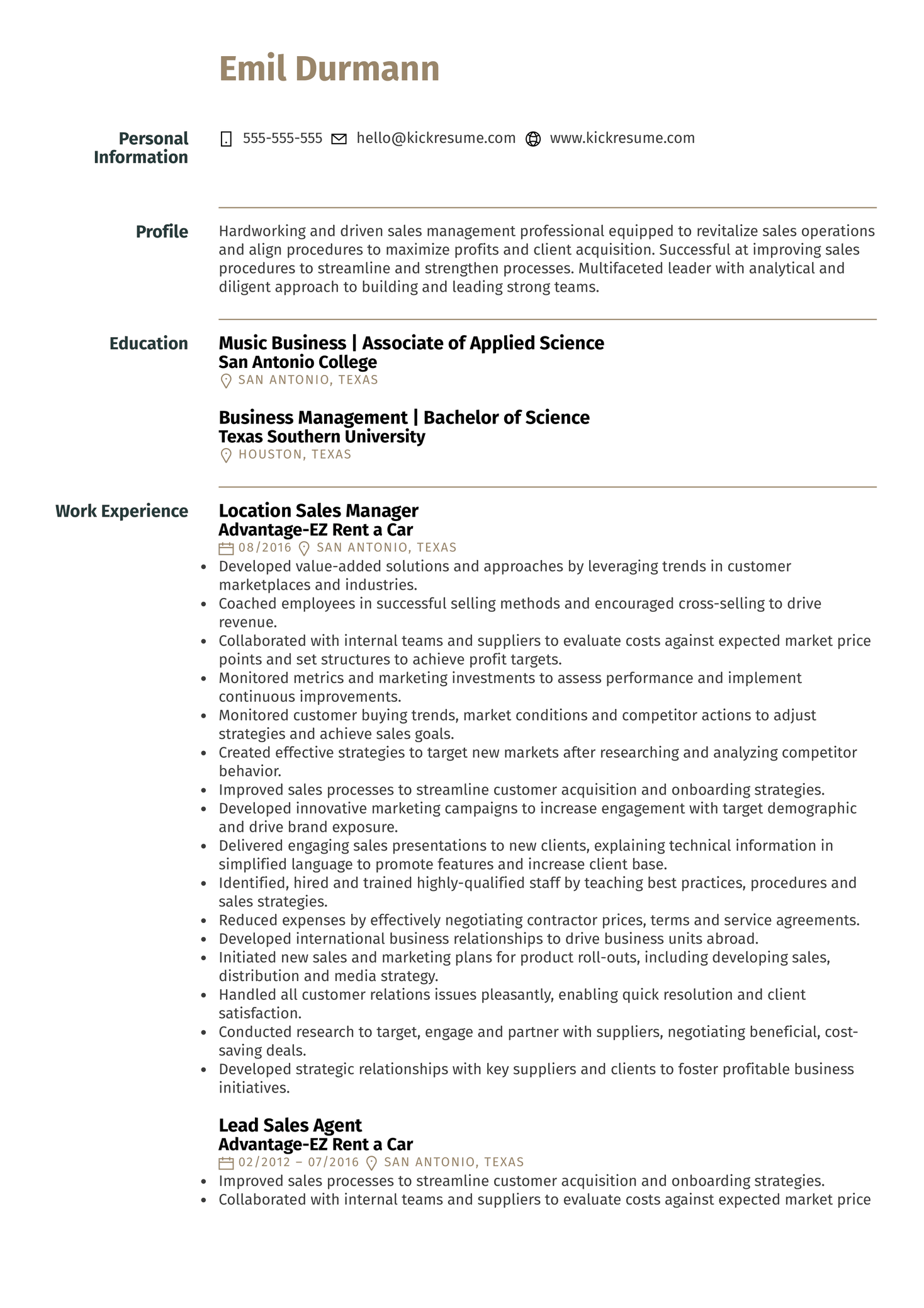 Location Sales Manager at Advantage-EZ Rent a Car Resume Sample