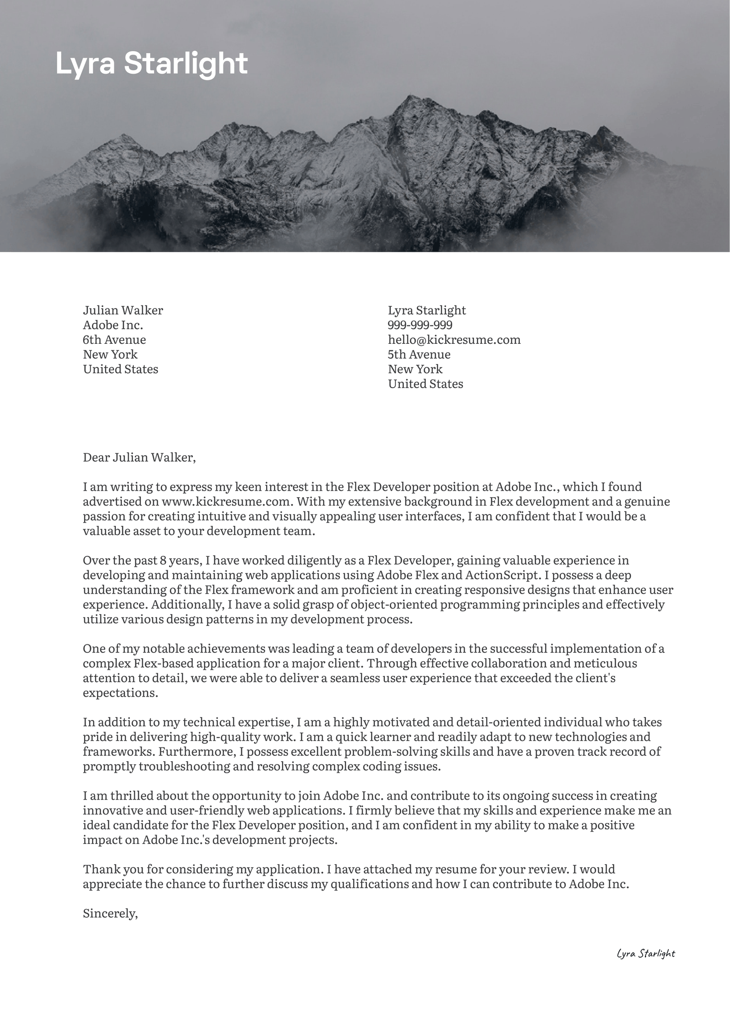 Flex Developer Cover Letter Sample