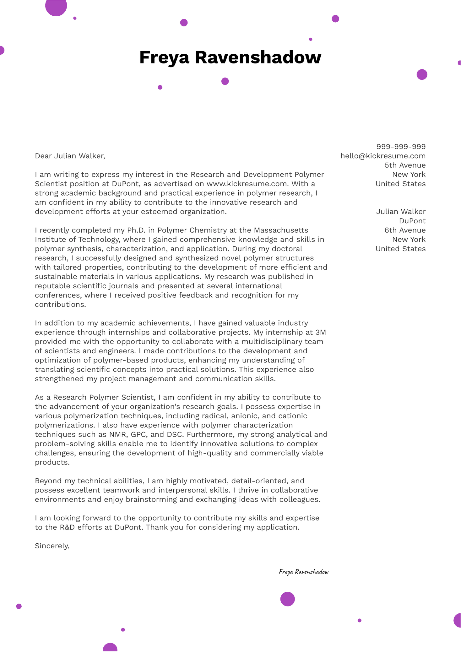 Research and Development Polymer Scientist Cover Letter Sample