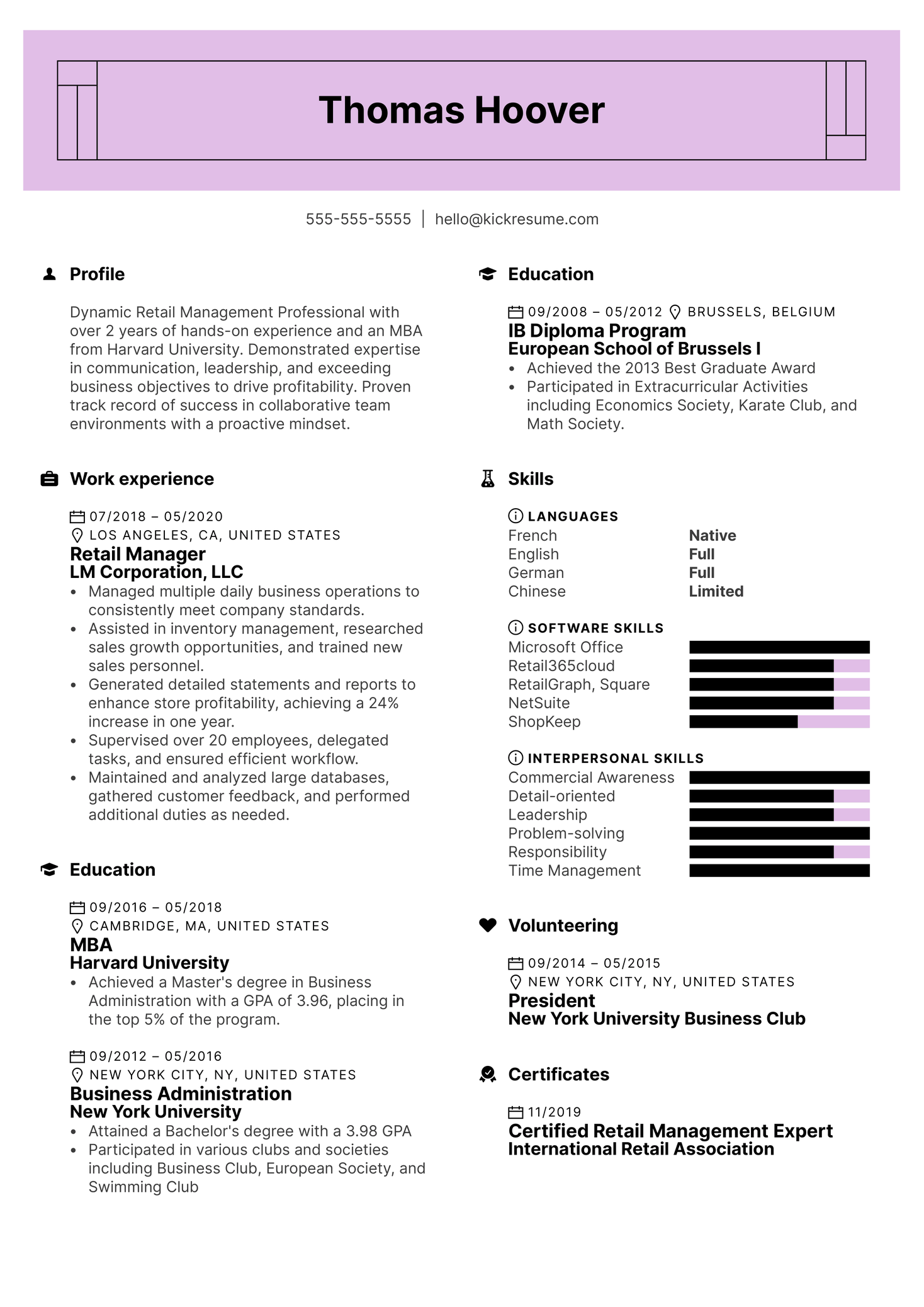 Modern Retail Management Resume Example