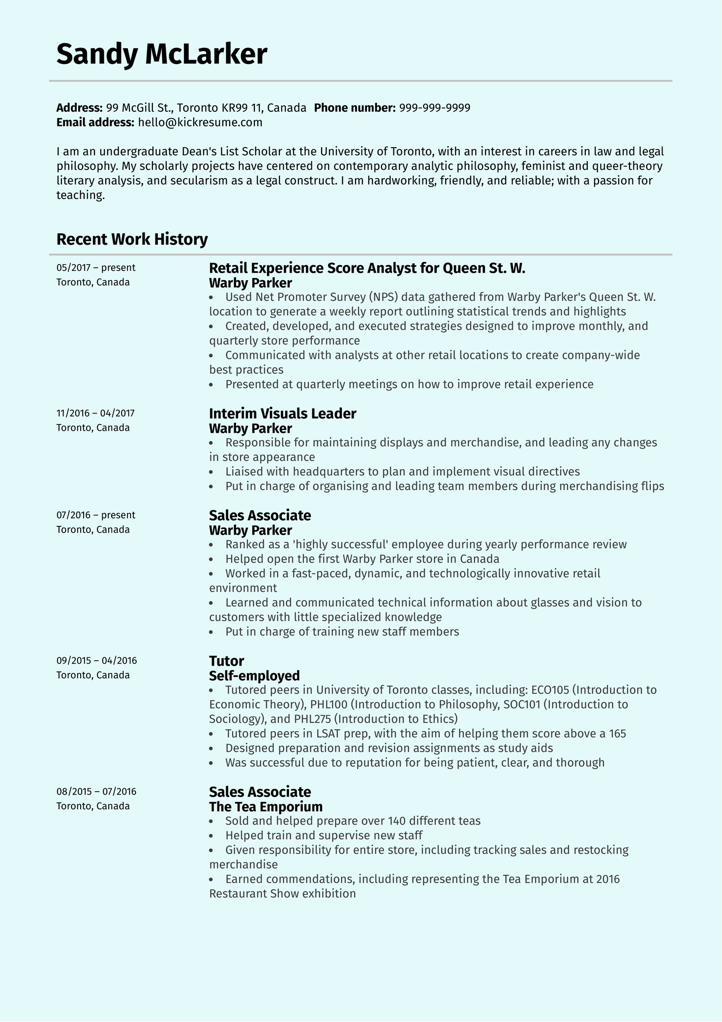 Retail Experience Analyst at Warby Parker Resume Sample