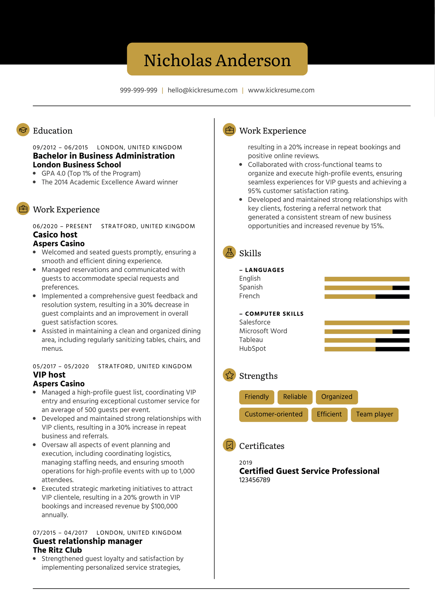 Casino host Resume Sample