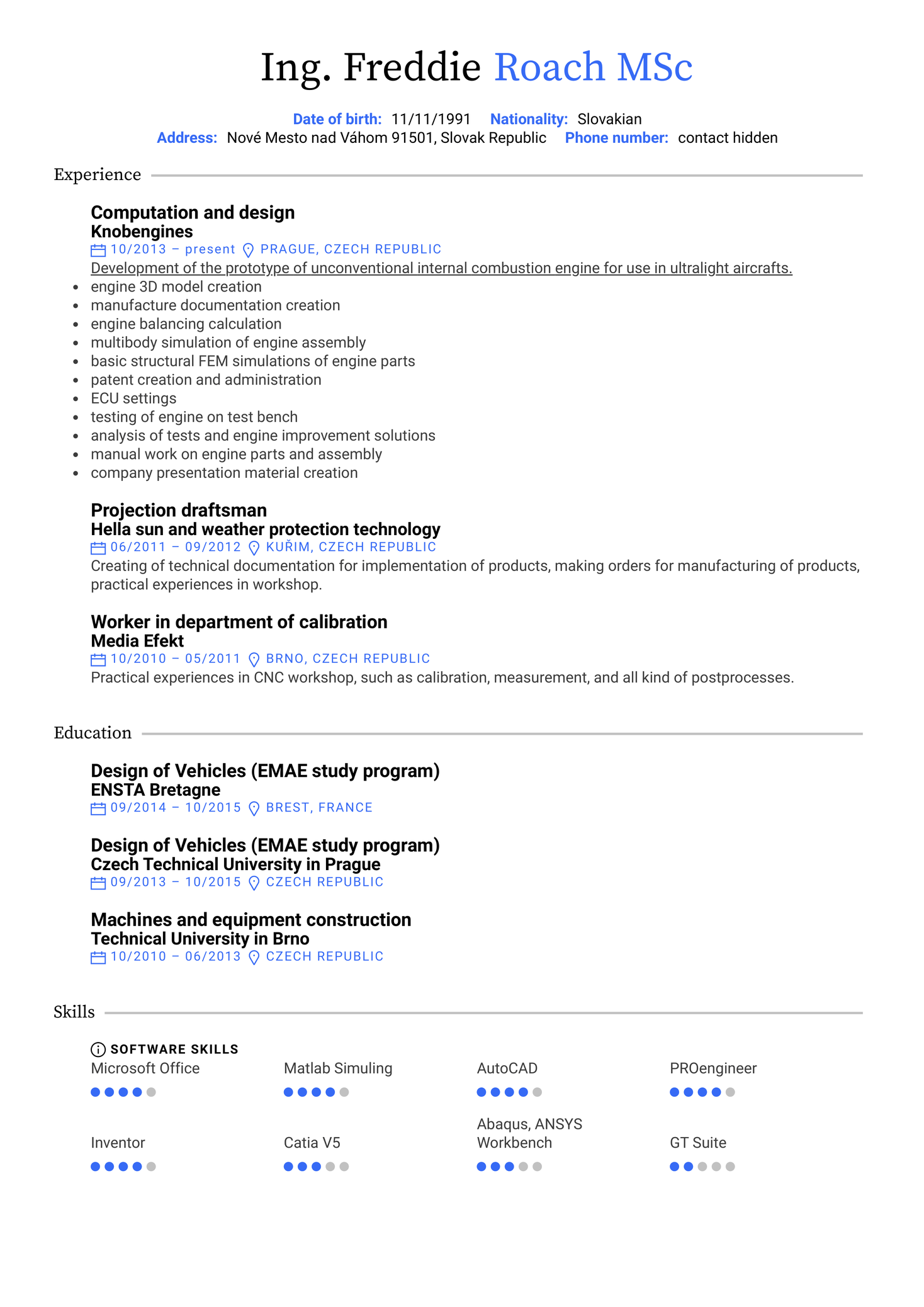 Aeromobil Design Engineer Resume Example