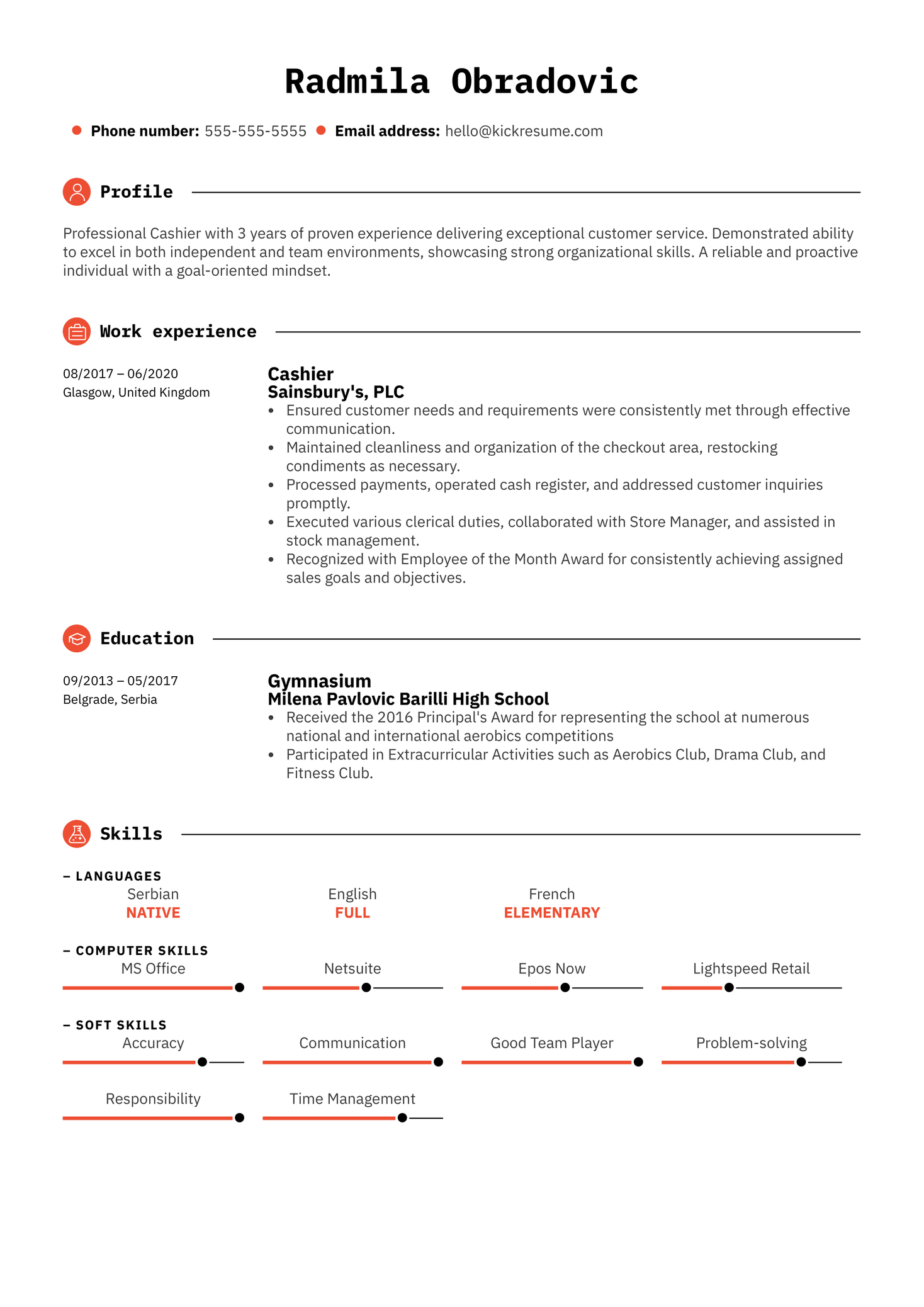 Modern Cashier Resume Example