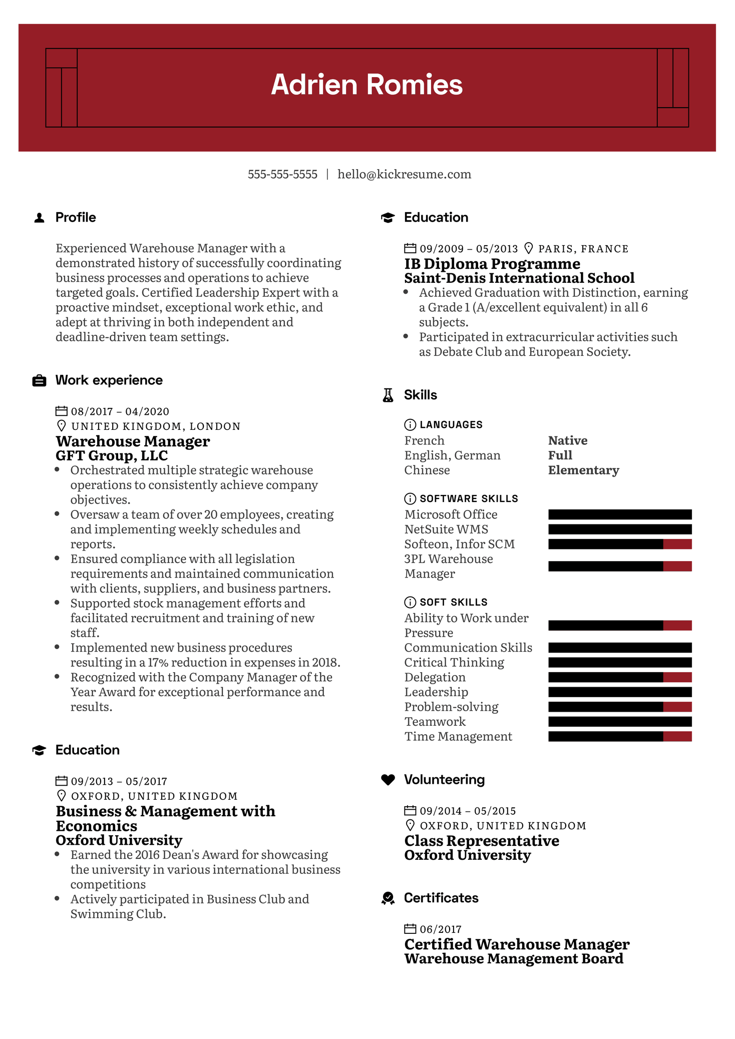 Warehouse Manager CV Example