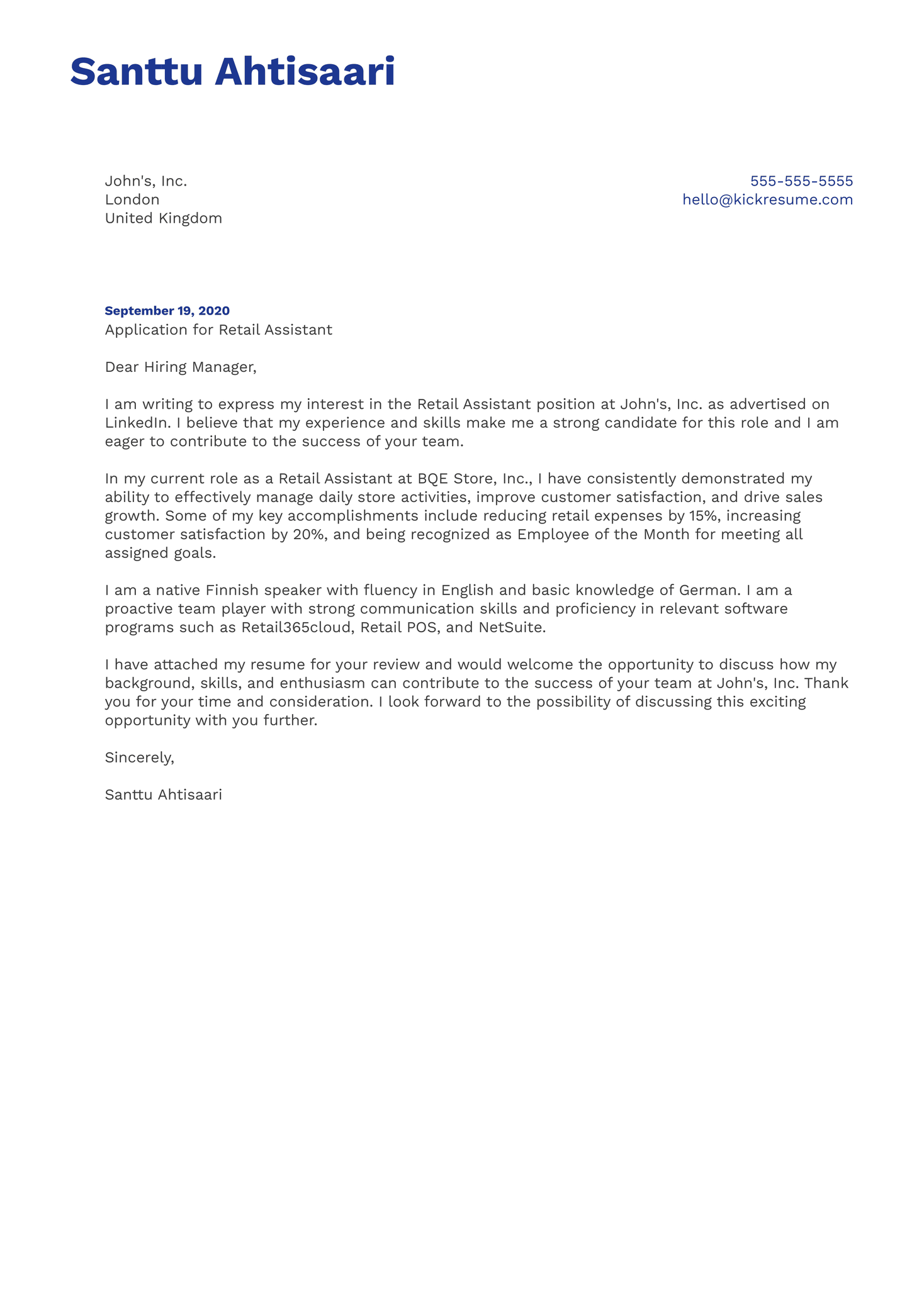 Retail Assistant Cover Letter Example