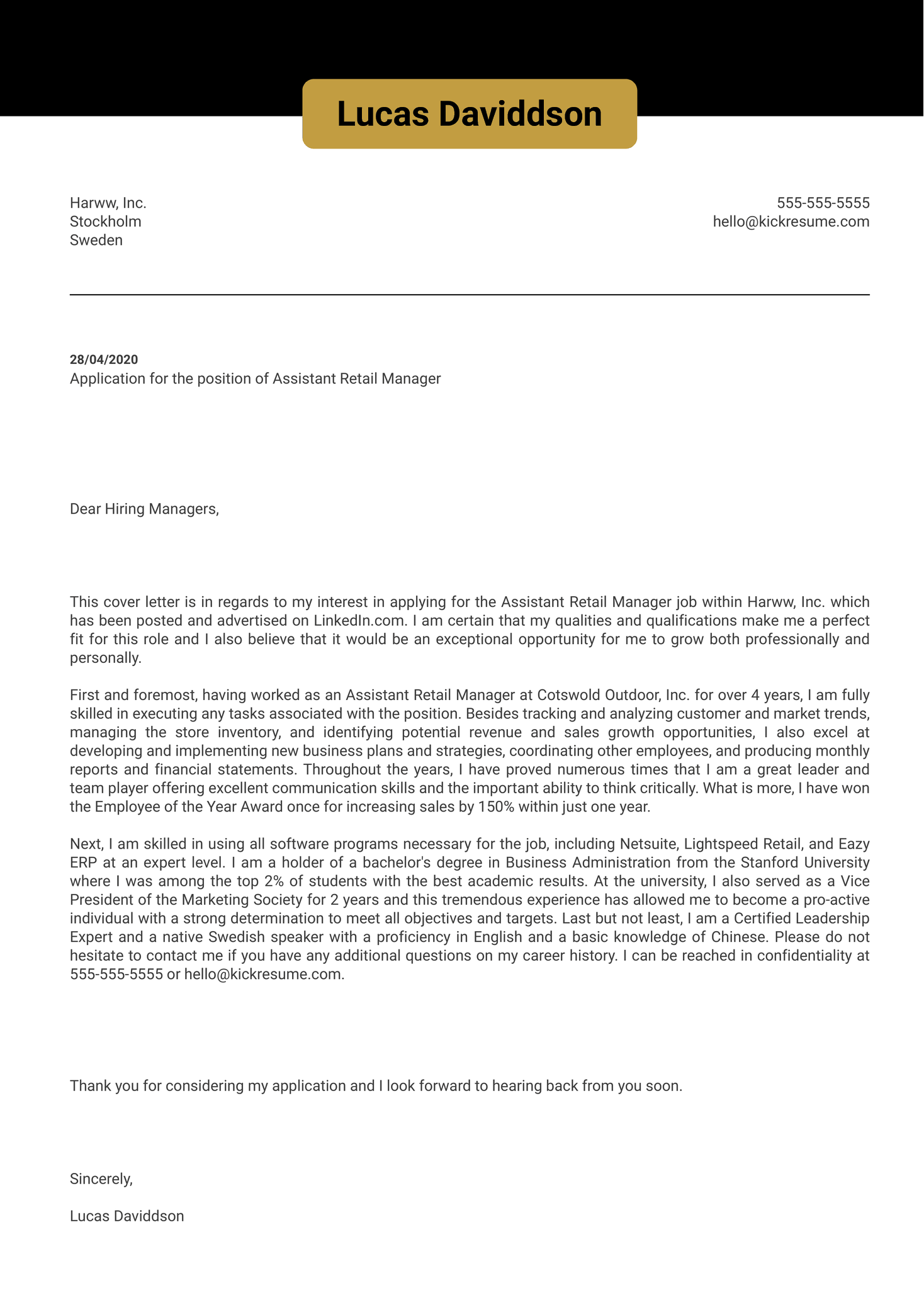 Assistant Retail Manager Cover Letter Template