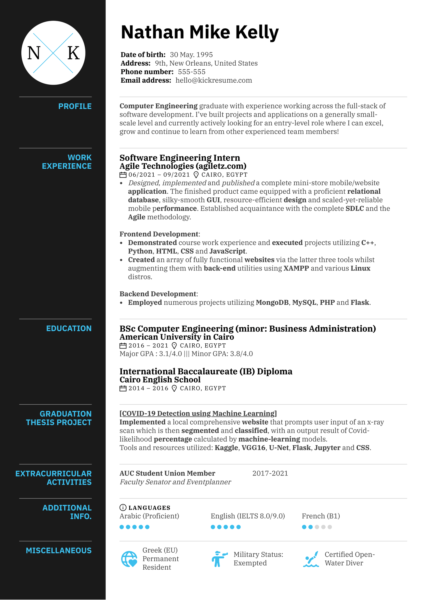 Software Engineering Intern at Agile Technologies Resume Sample