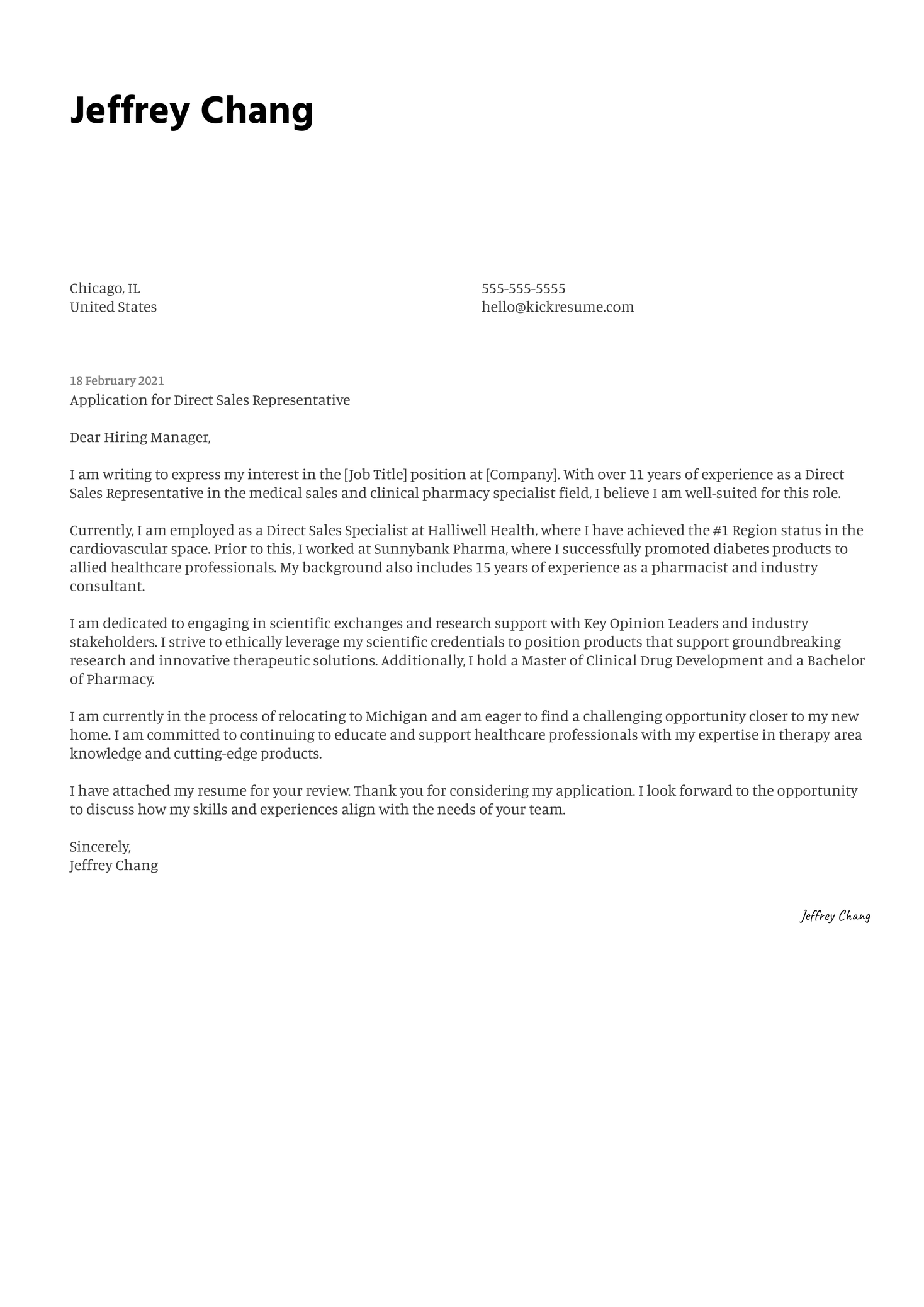 Direct Sales Representative Cover Letter Example