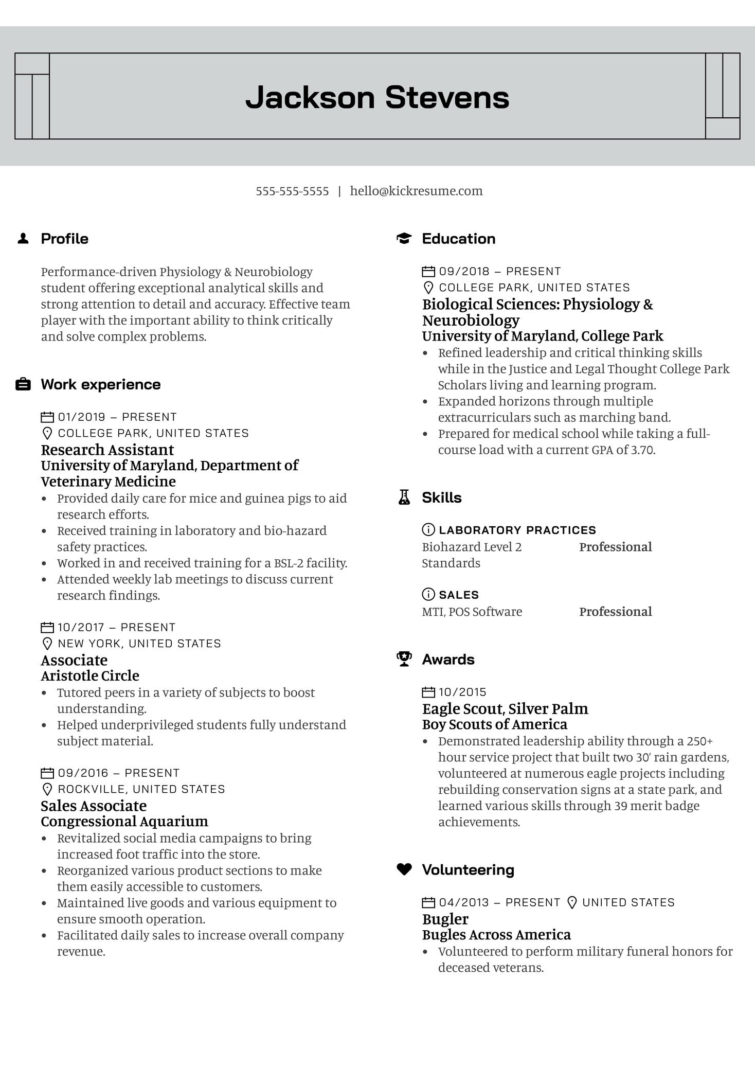 University of Maryland Research Assistant Resume Example