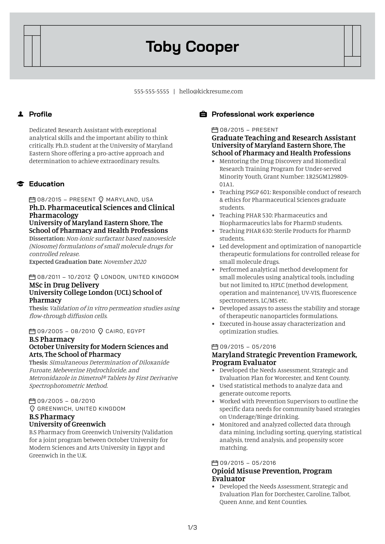 Research Assistant at University of Maryland Eastern Shore Resume Sample