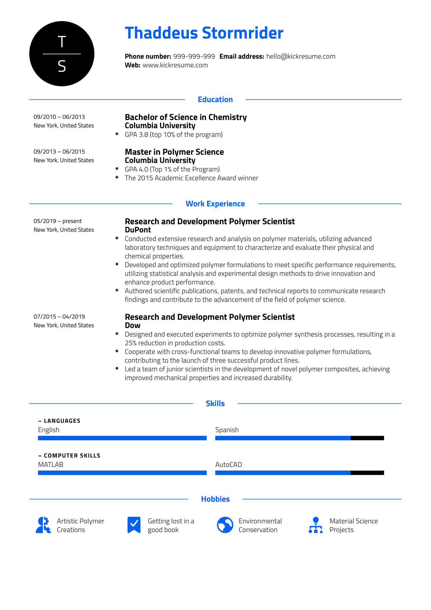 Research and Development Polymer Scientist Resume Sample