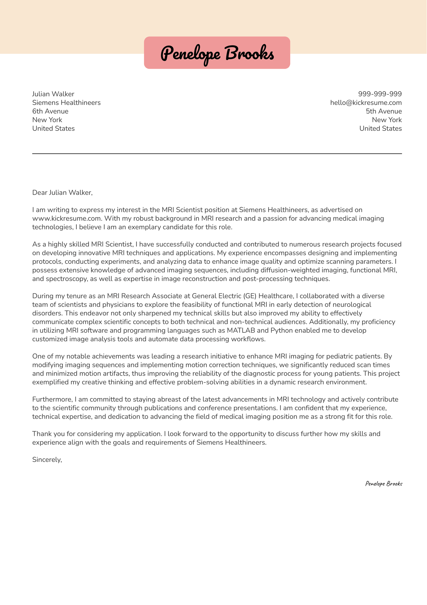 MRI Scientist Cover Letter Sample