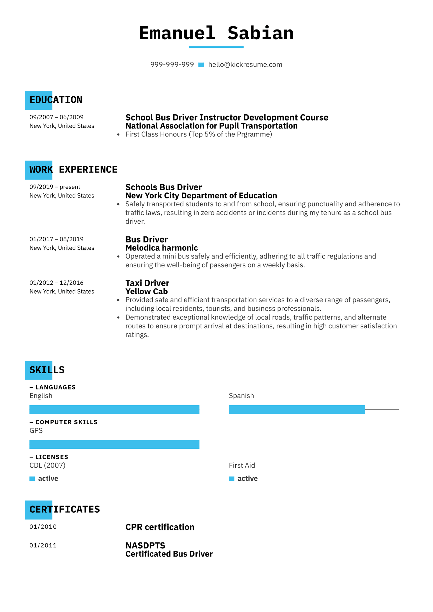 School Bus Driver Resume Sample