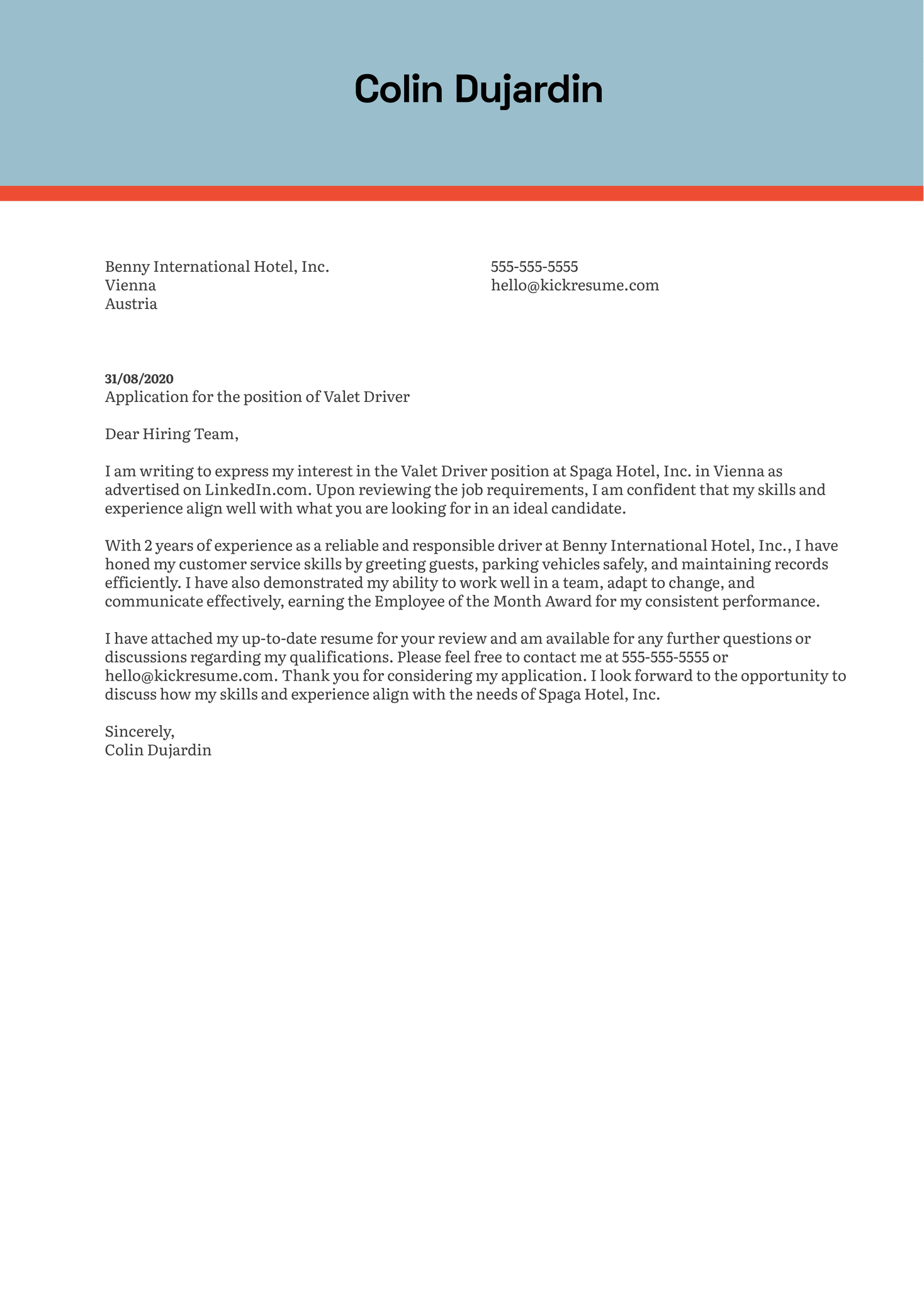 Valet Driver Cover Letter Example