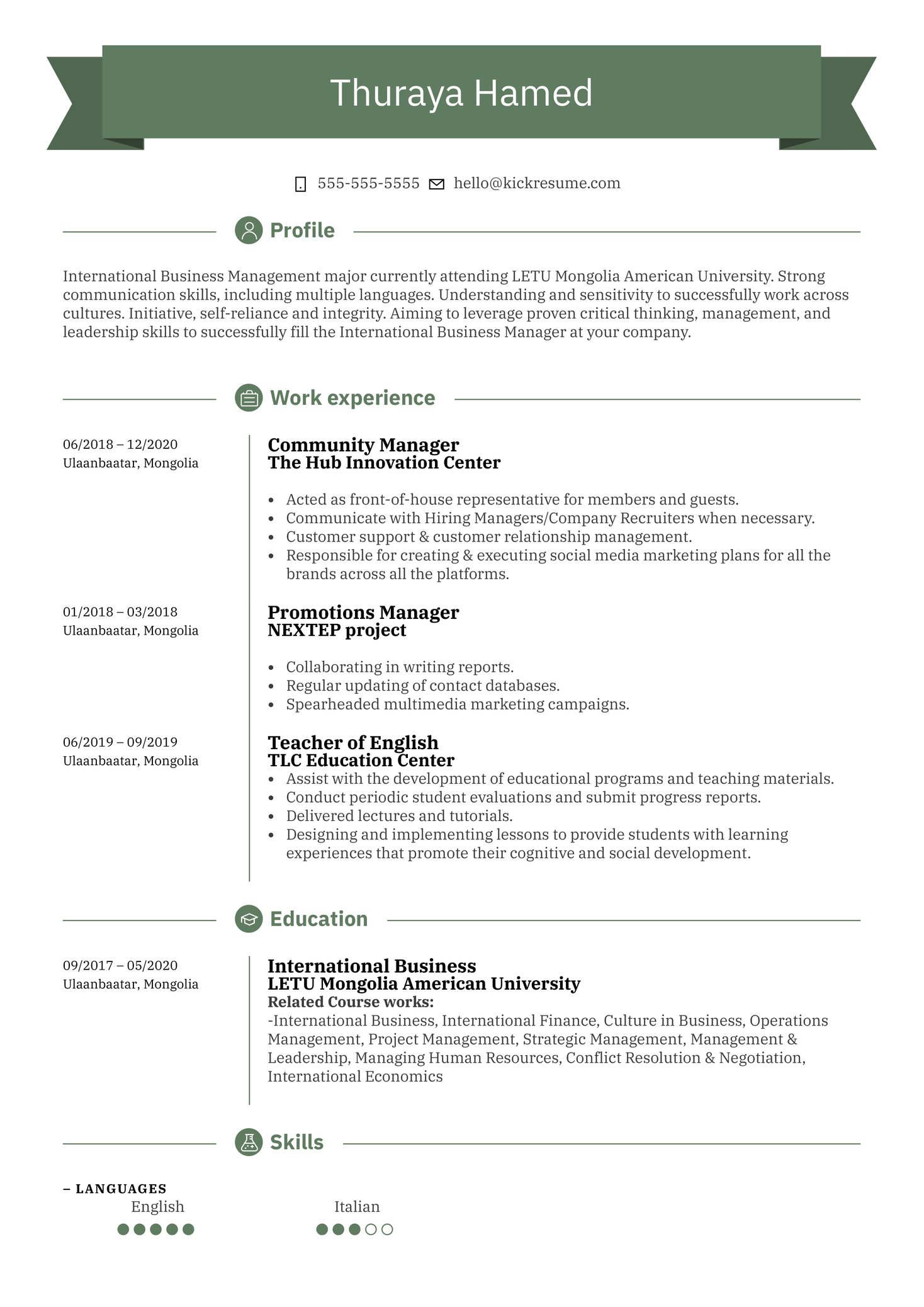 UNFPA Intern Resume Sample