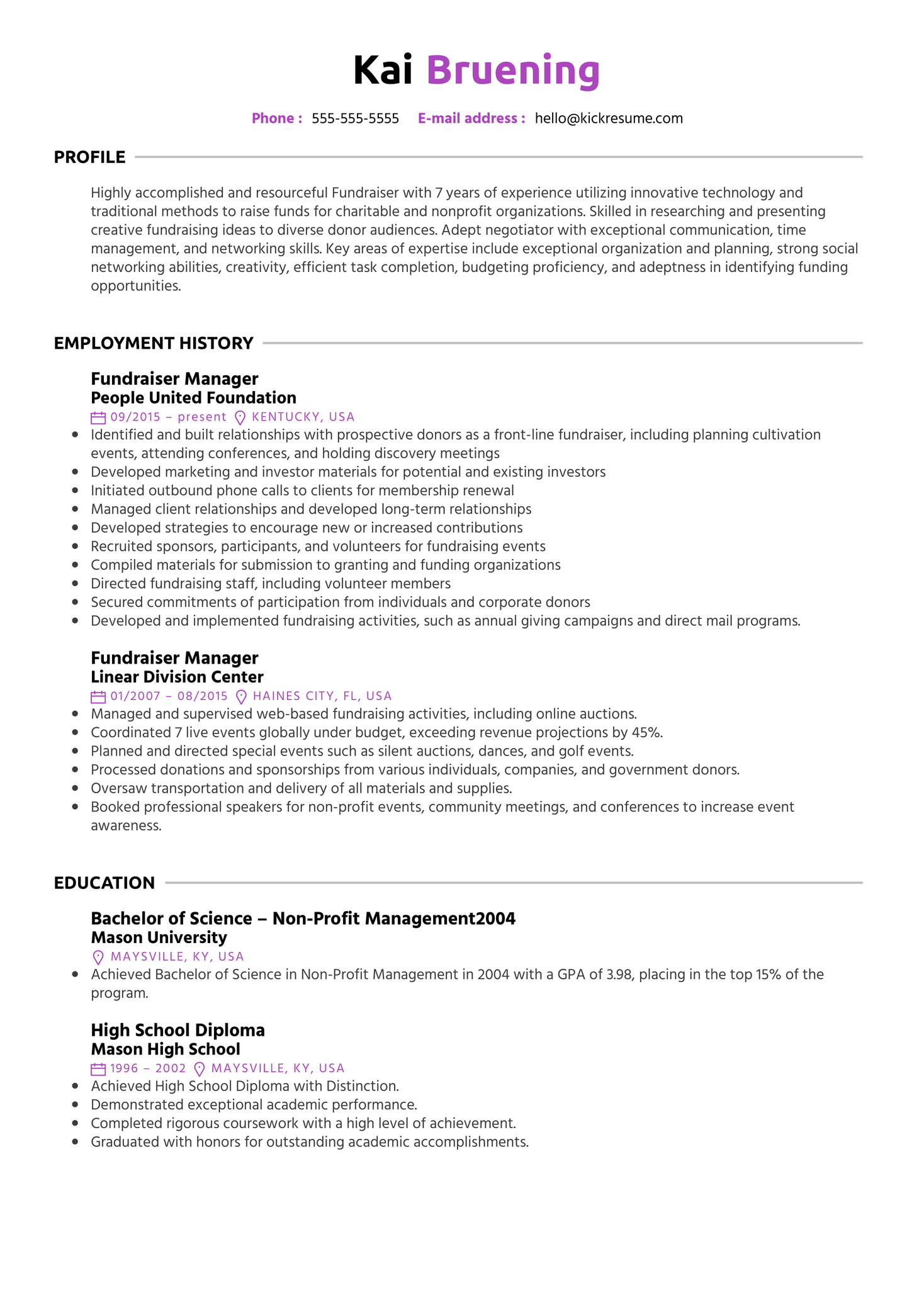 Fundraiser Manager Resume Sample