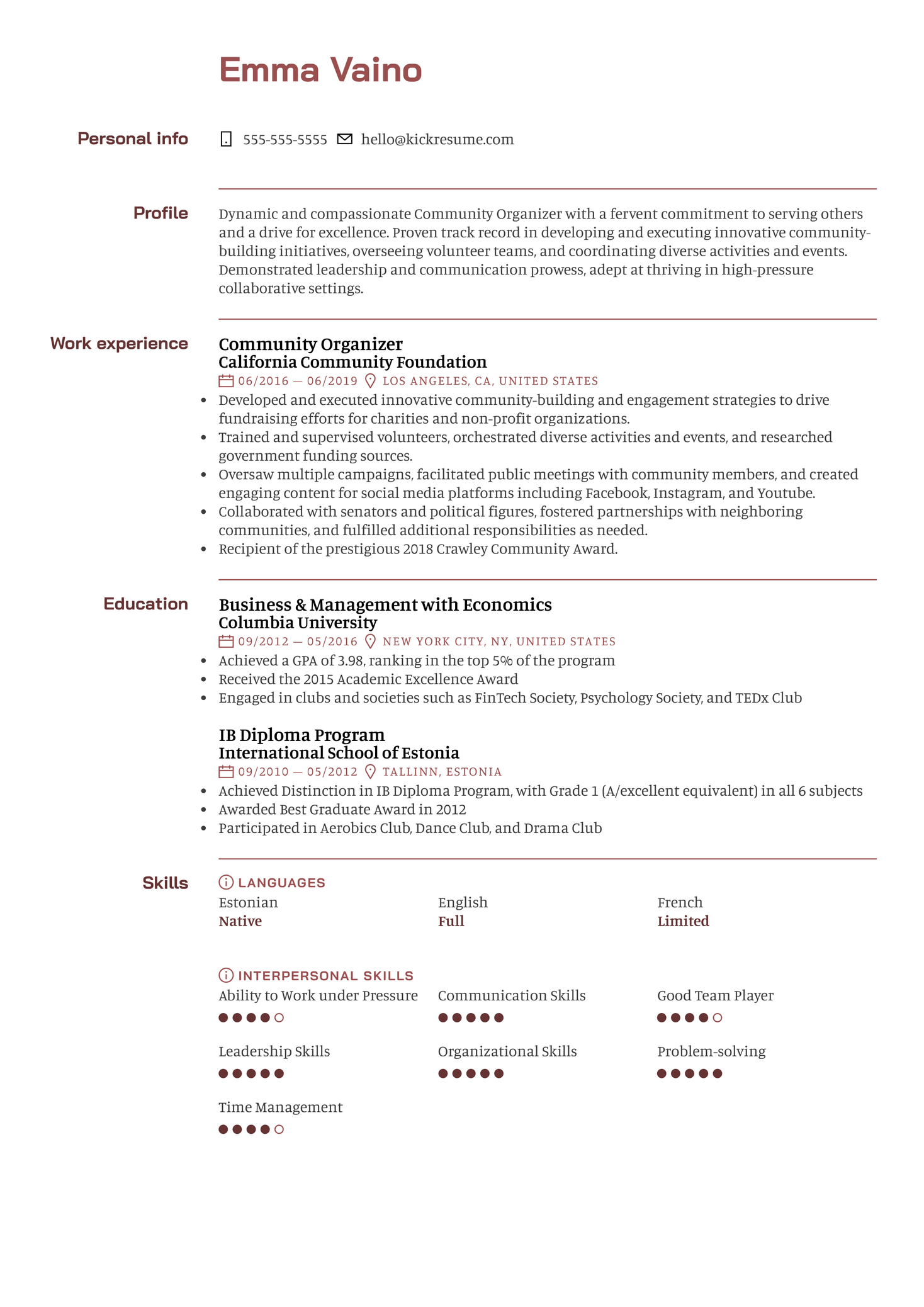 Community Organizer Resume Sample