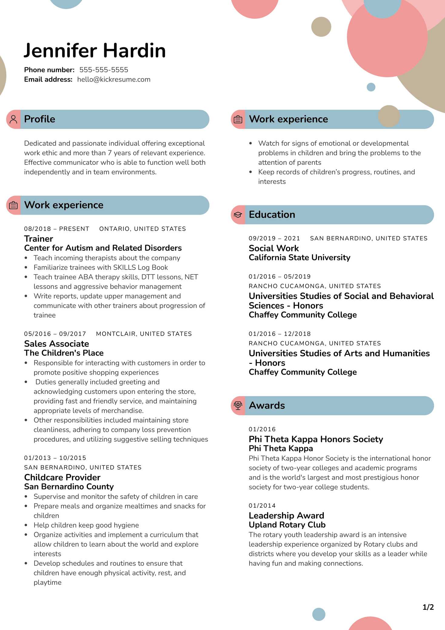 Social Work Intern Resume Example