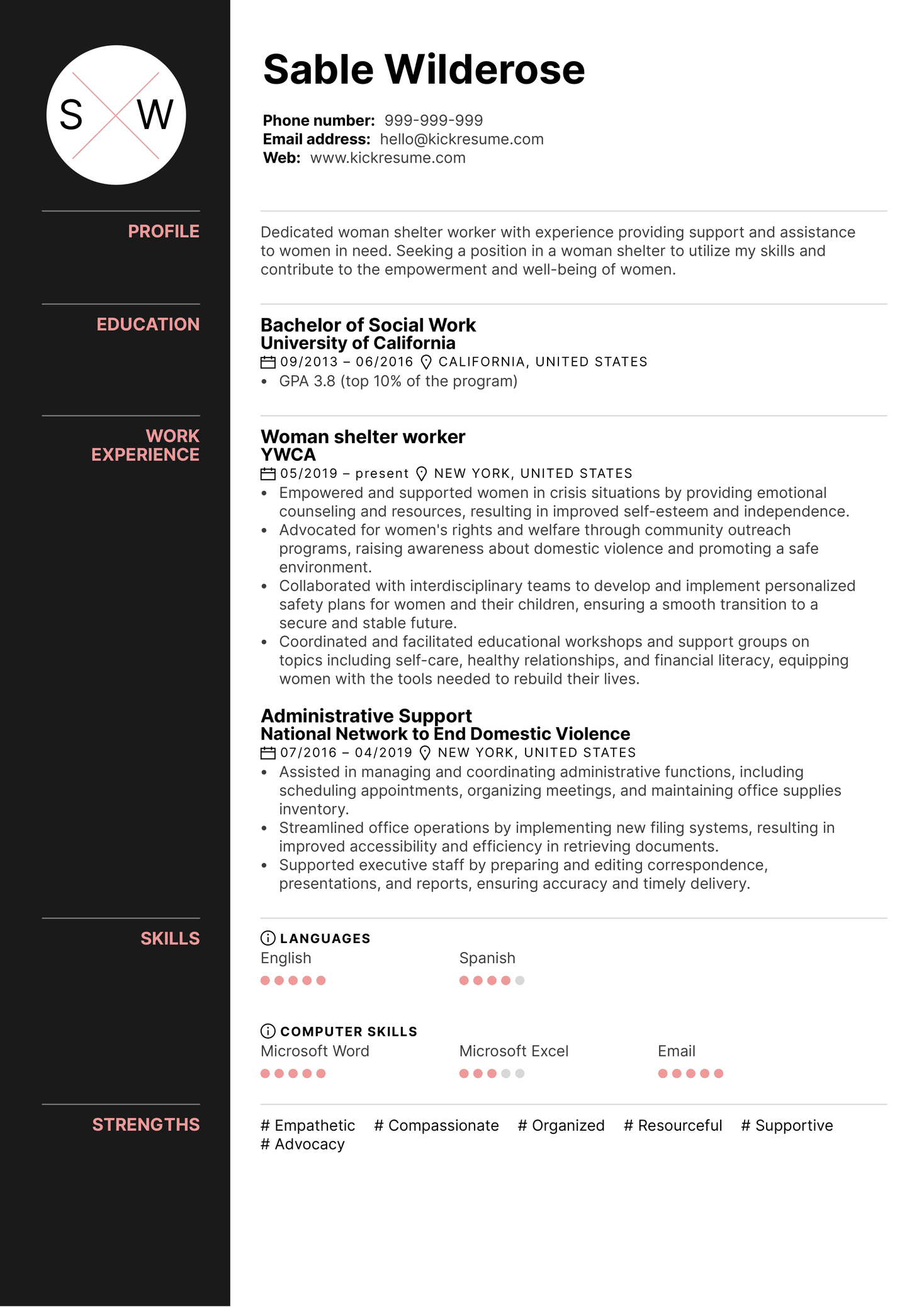 Woman Shelter Worker Resume Sample