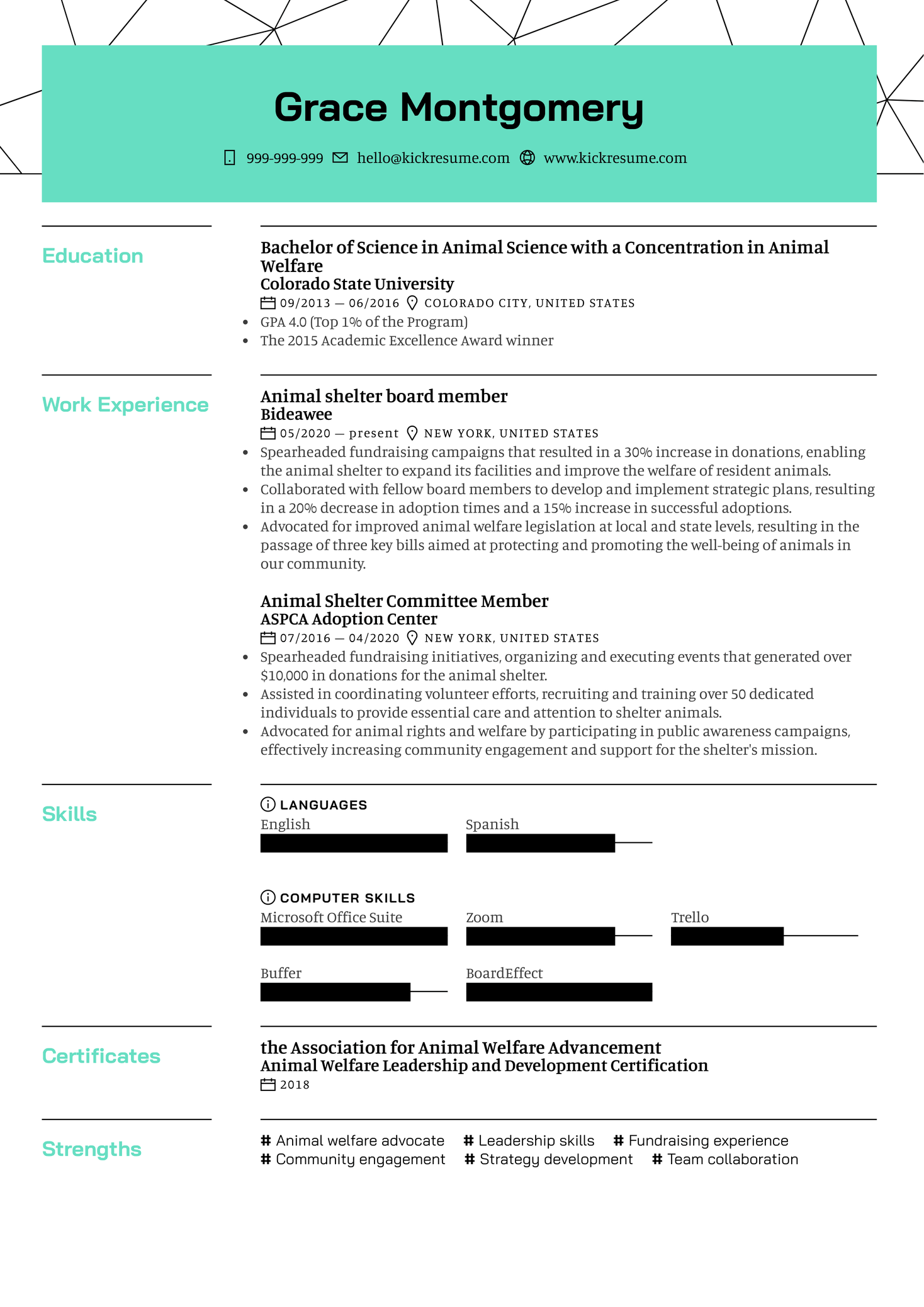 Animal Shelter Board Member Resume Sample