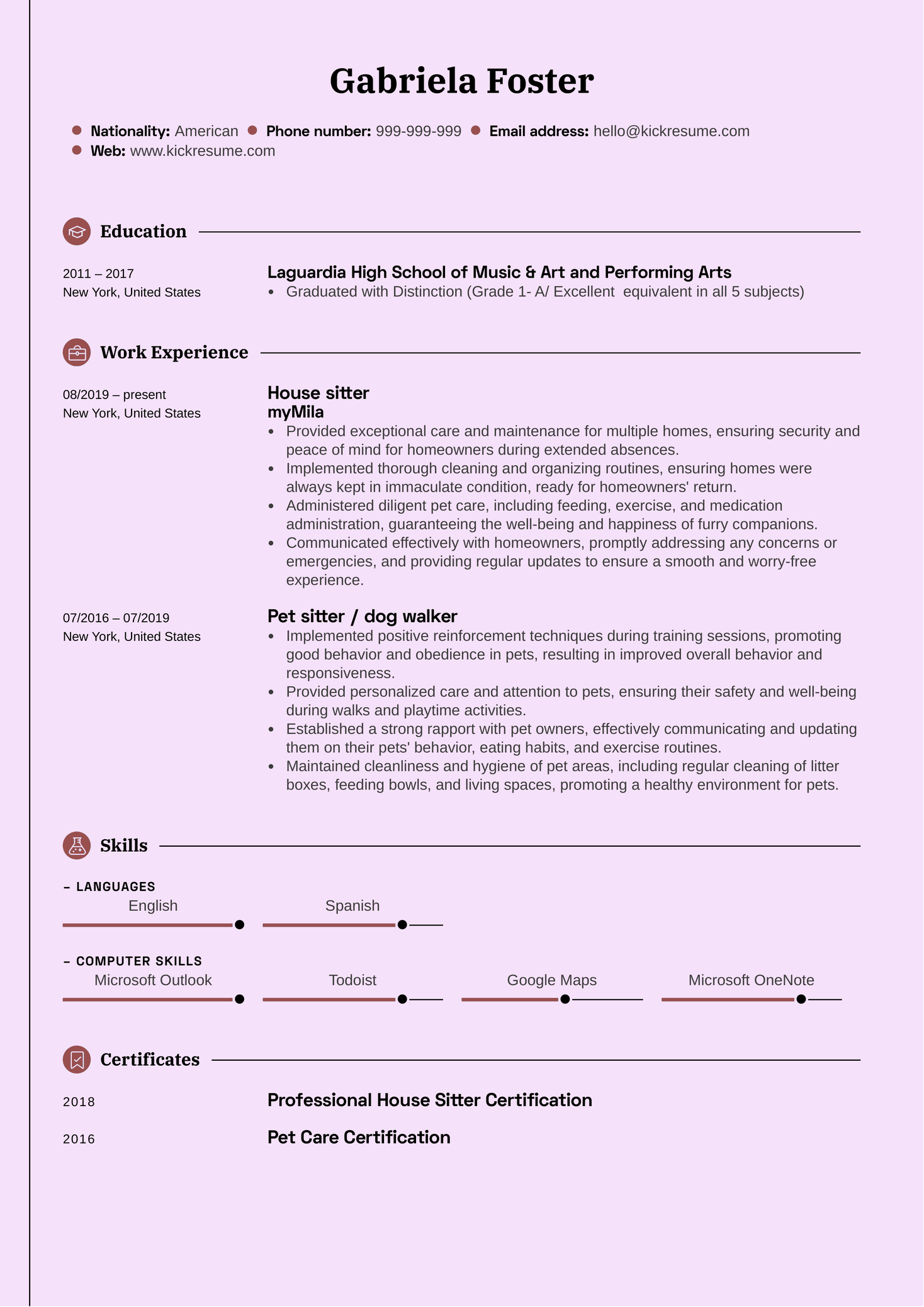 House Sitter Resume Sample