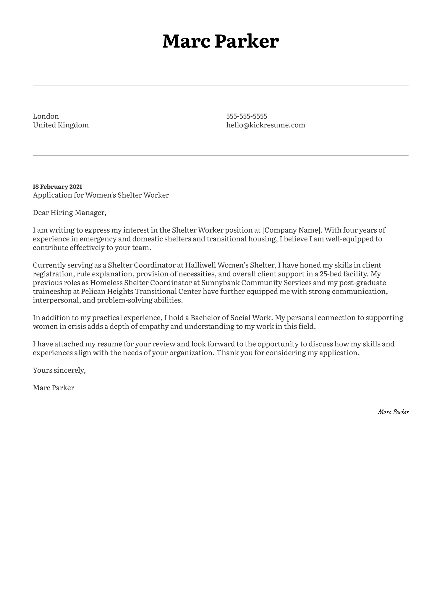 Women's Shelter Cover Letter Example