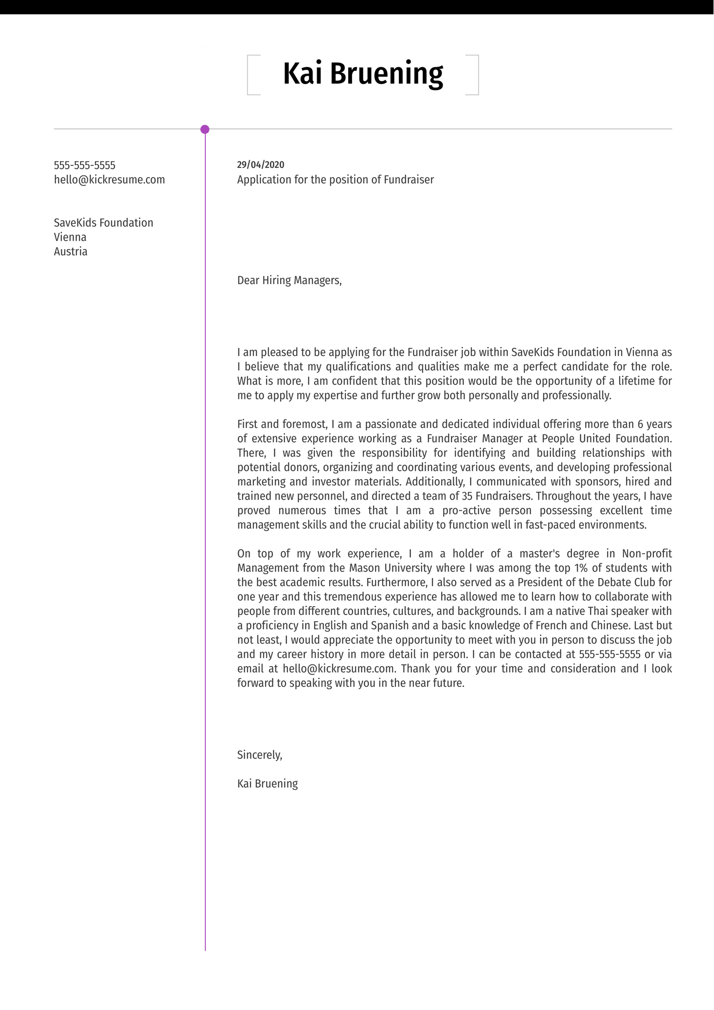 Fundraiser Cover Letter Sample