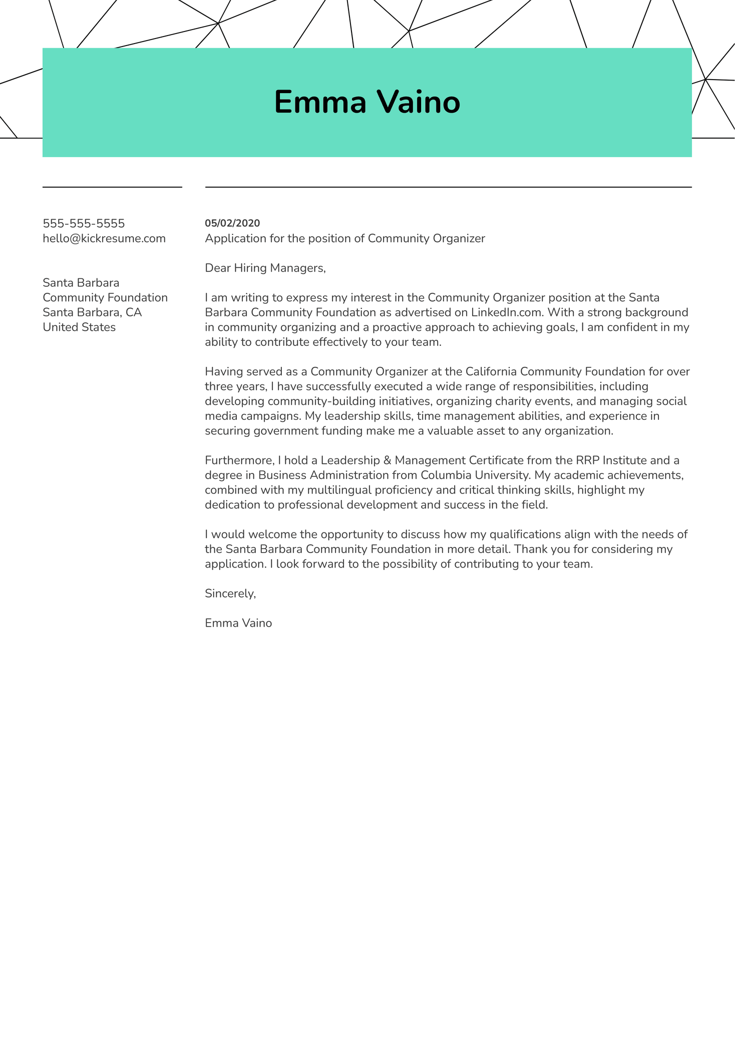 Community Organizer Cover Letter Sample